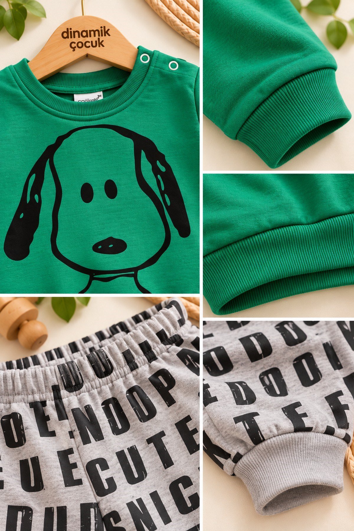 Erkek Bebek Ön-Arka Köpek Baskılı Sweatshirt Yazılı Eşofman Altı 2'li Takım 3-6-9-12ay