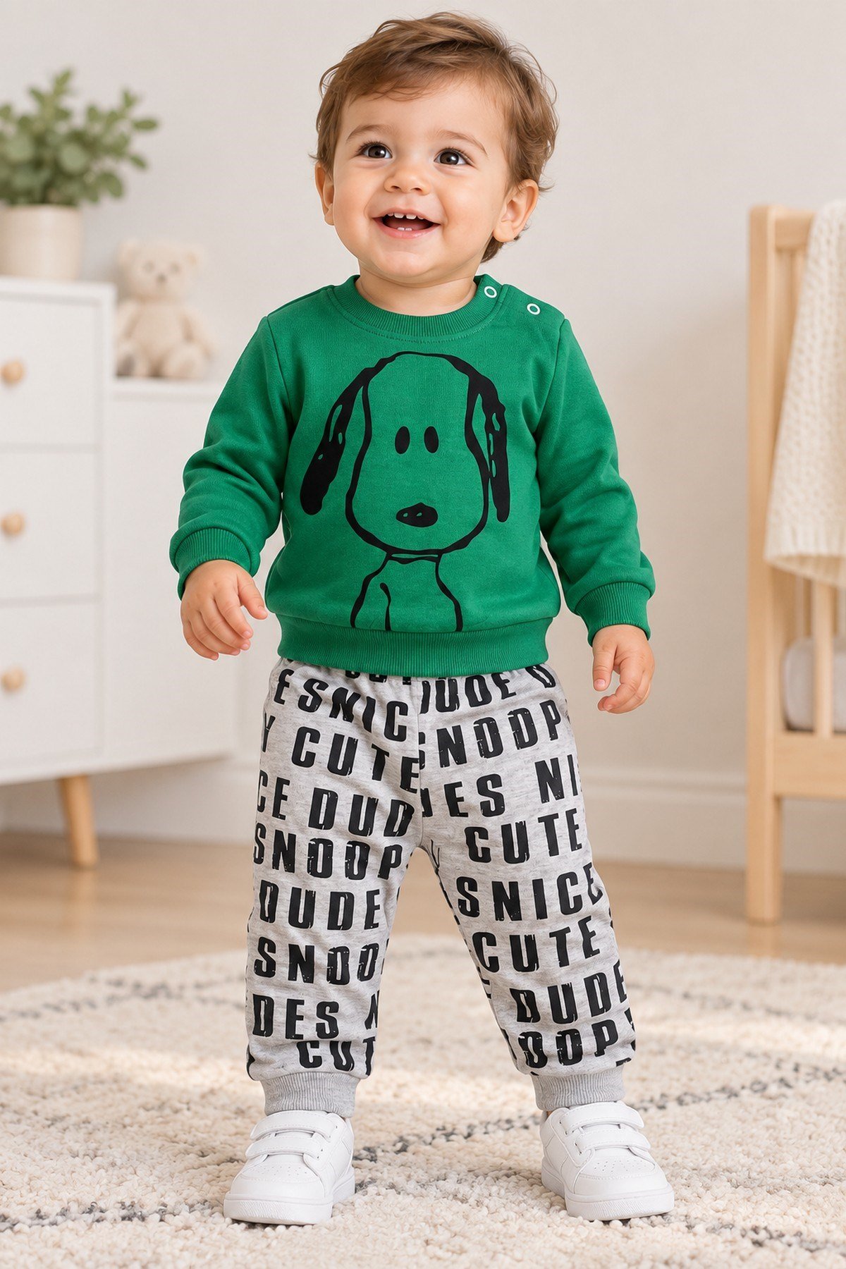 Erkek Bebek Ön-Arka Köpek Baskılı Sweatshirt Yazılı Eşofman Altı 2'li Takım 3-6-9-12ay