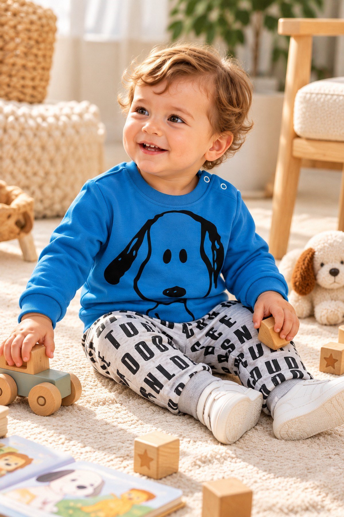 Erkek Bebek Ön-Arka Köpek Baskılı Sweatshirt Yazılı Eşofman Altı 2'li Takım 3-6-9-12ay