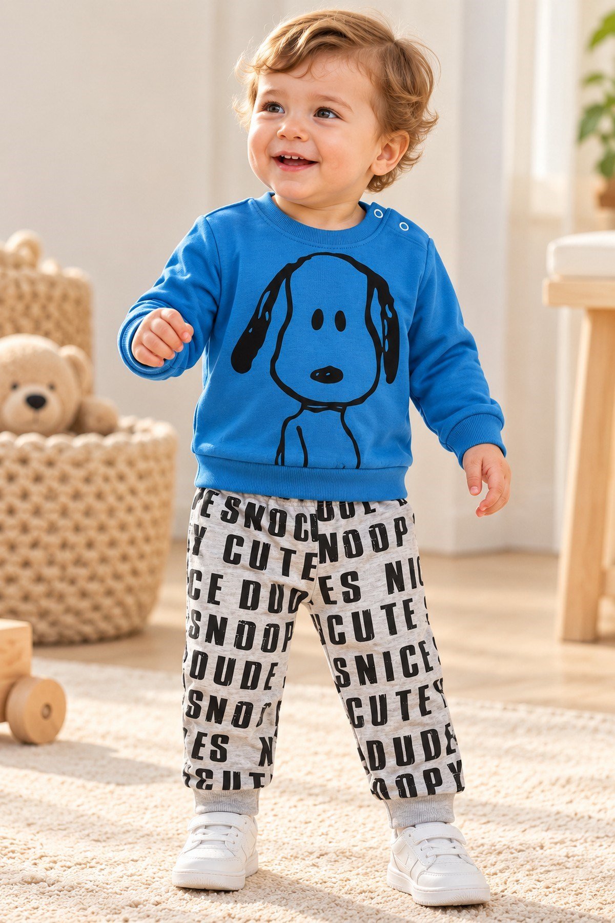 Erkek Bebek Ön-Arka Köpek Baskılı Sweatshirt Yazılı Eşofman Altı 2'li Takım 3-6-9-12ay