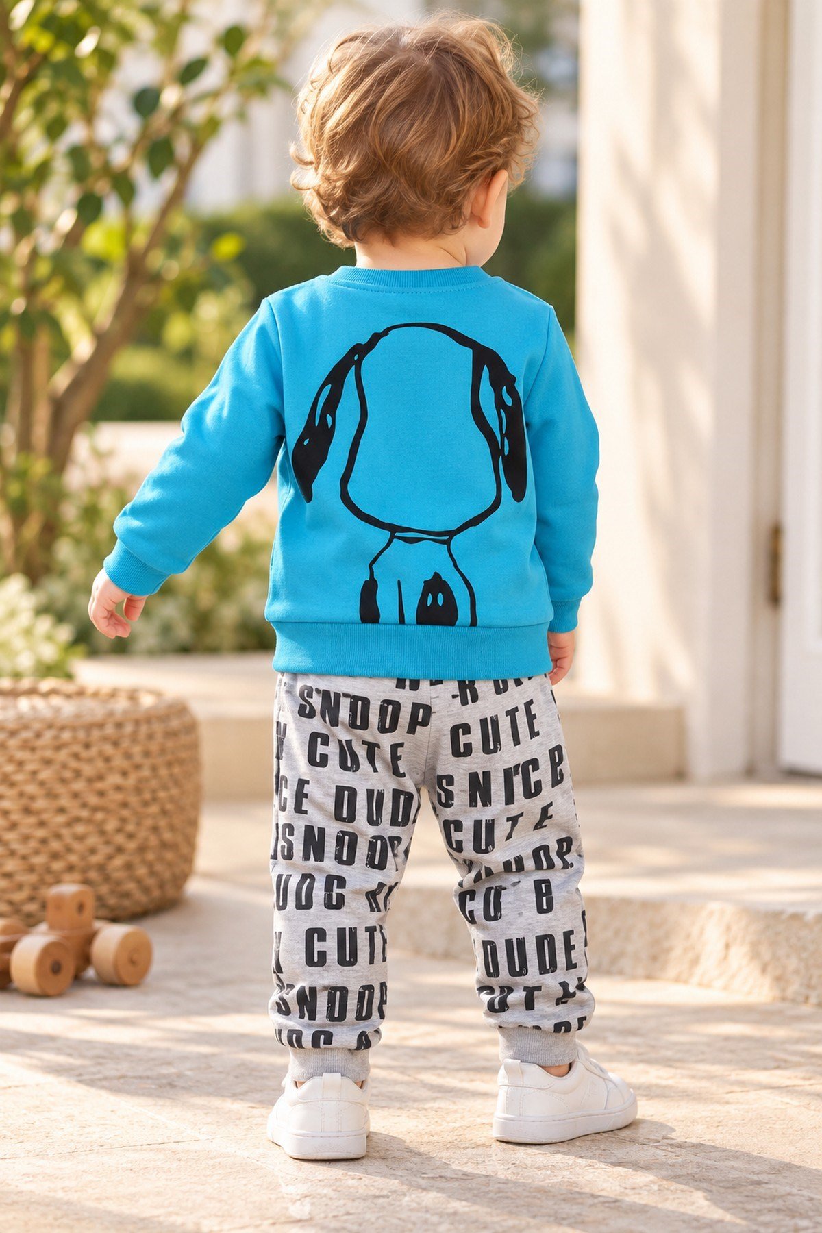 Erkek Bebek Ön-Arka Köpek Baskılı Sweatshirt Yazılı Eşofman Altı 2'li Takım 3-6-9-12ay