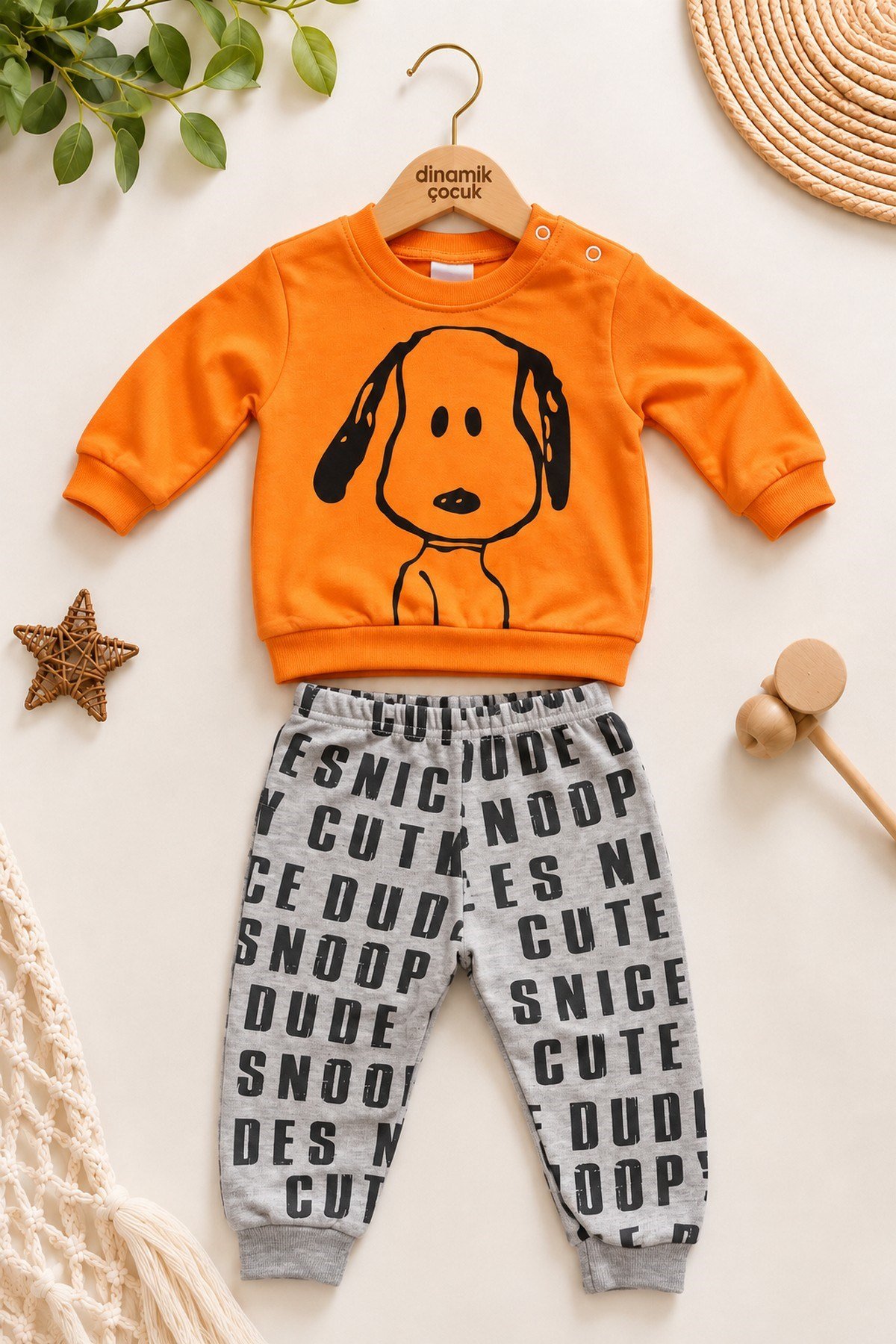 Erkek Bebek Ön-Arka Köpek Baskılı Sweatshirt Yazılı Eşofman Altı 2'li Takım 3-6-9-12ay
