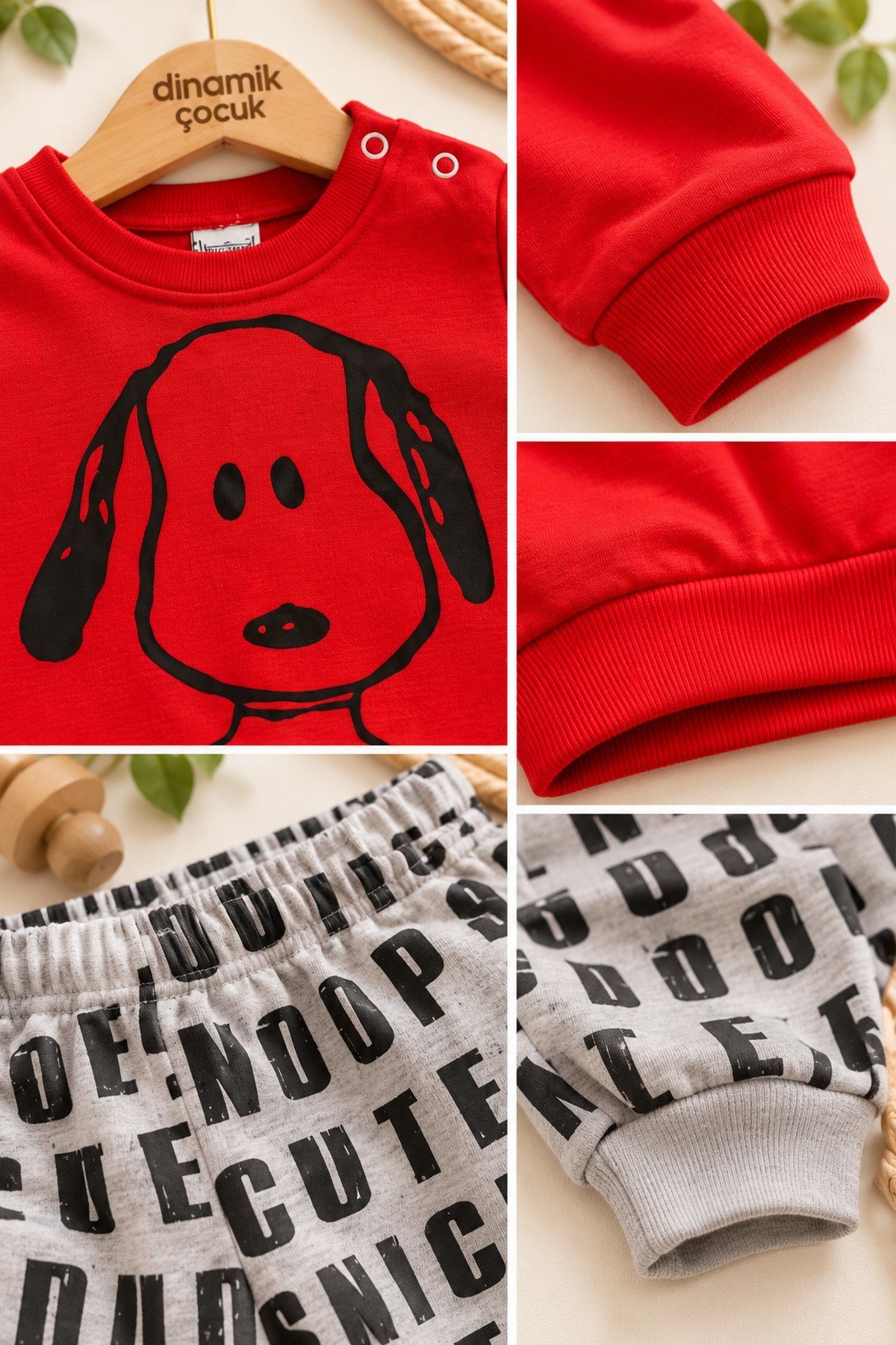 Erkek Bebek Ön-Arka Köpek Baskılı Sweatshirt Yazılı Eşofman Altı 2'li Takım 3-6-9-12ay