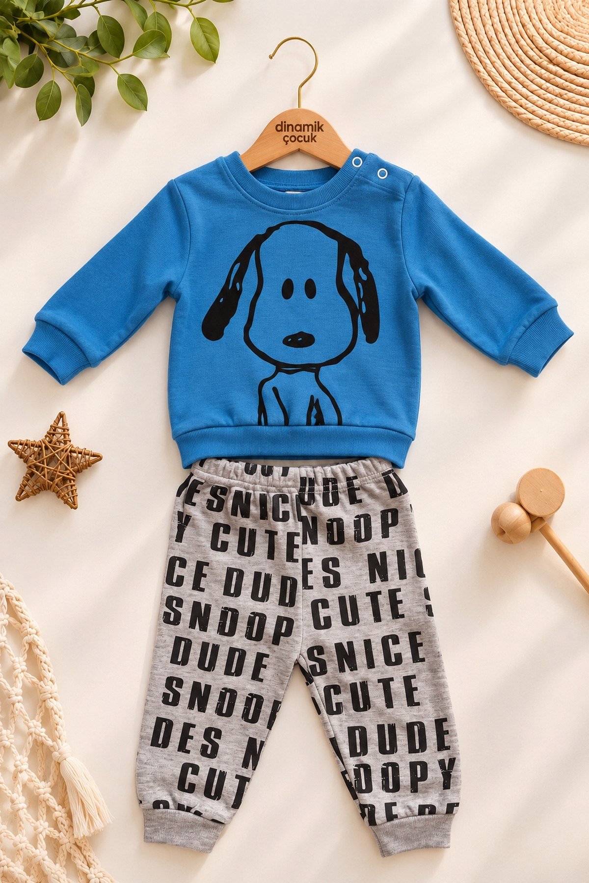 Erkek Bebek Ön-Arka Köpek Baskılı Sweatshirt Yazılı Eşofman Altı 2'li Takım 3-6-9-12ay