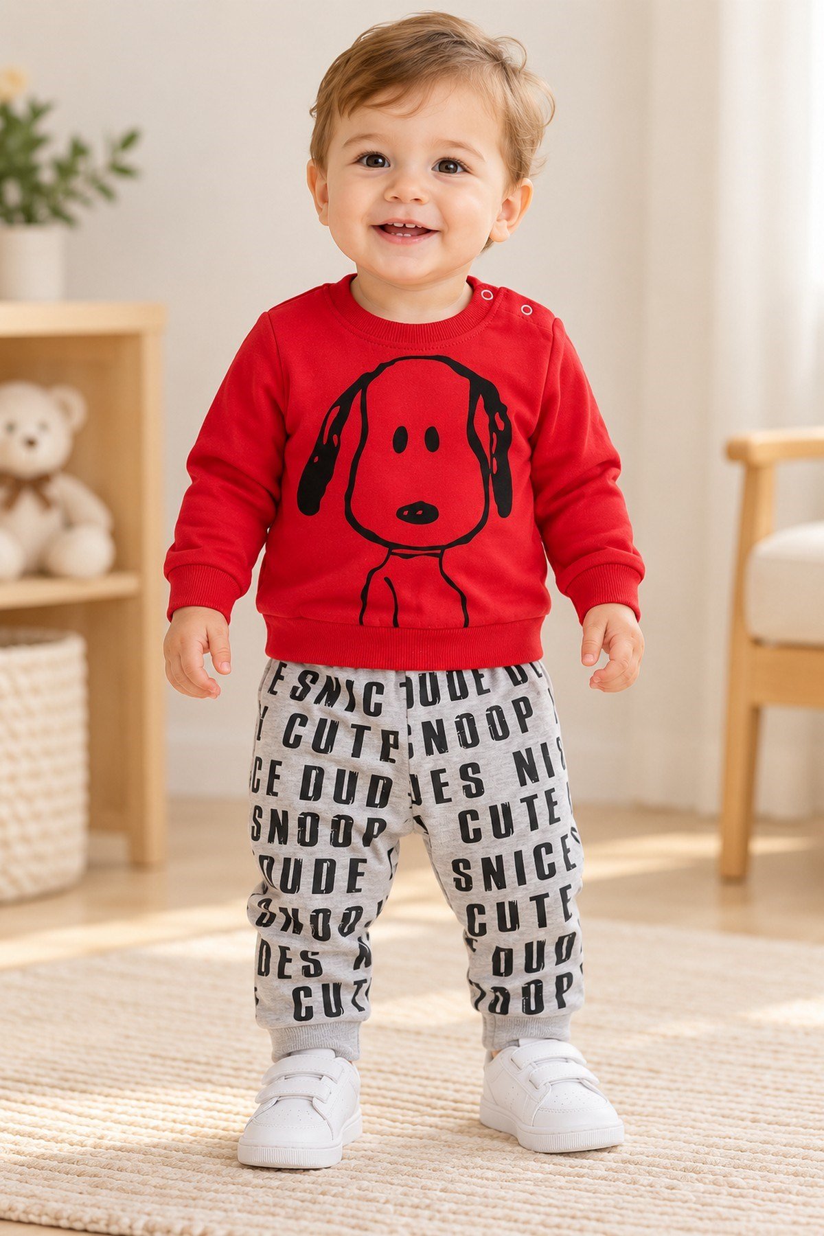 Erkek Bebek Ön-Arka Köpek Baskılı Sweatshirt Yazılı Eşofman Altı 2'li Takım 3-6-9-12ay