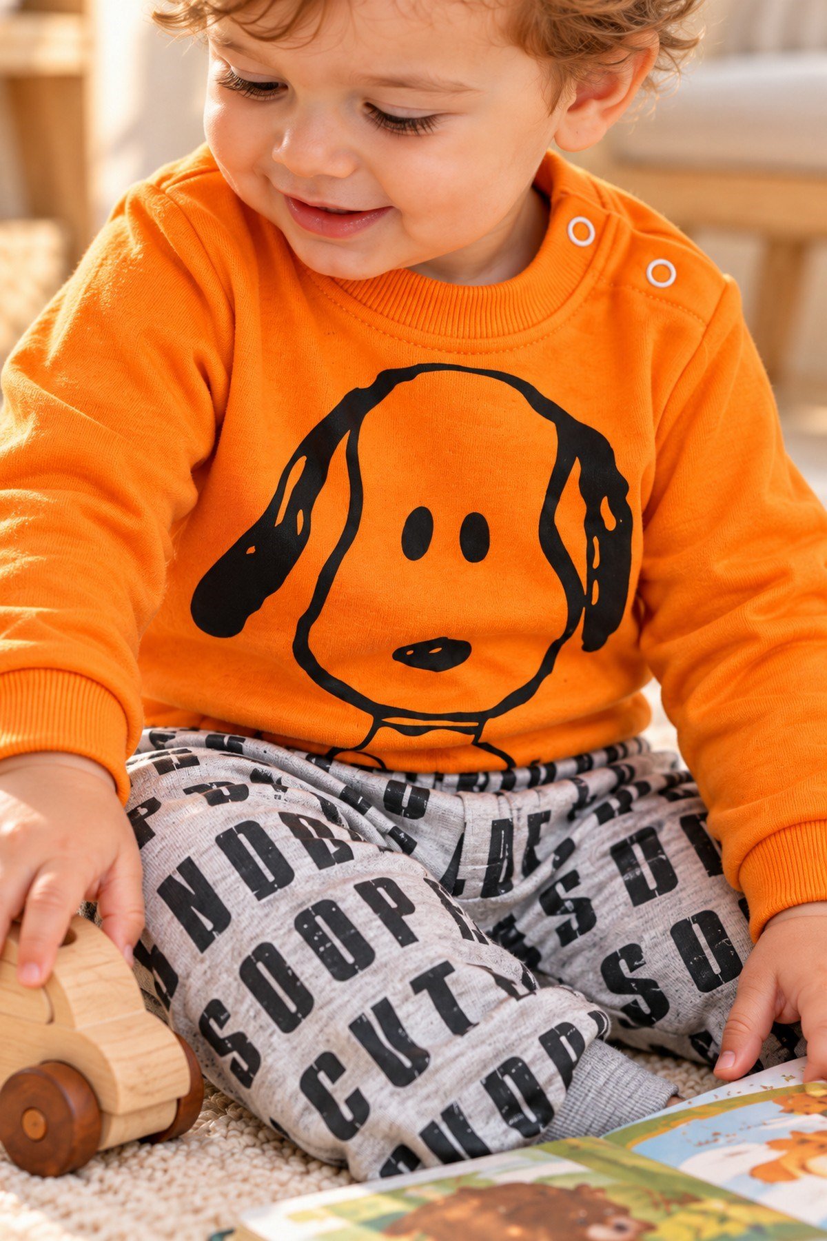 Erkek Bebek Ön-Arka Köpek Baskılı Sweatshirt Yazılı Eşofman Altı 2'li Takım 3-6-9-12ay