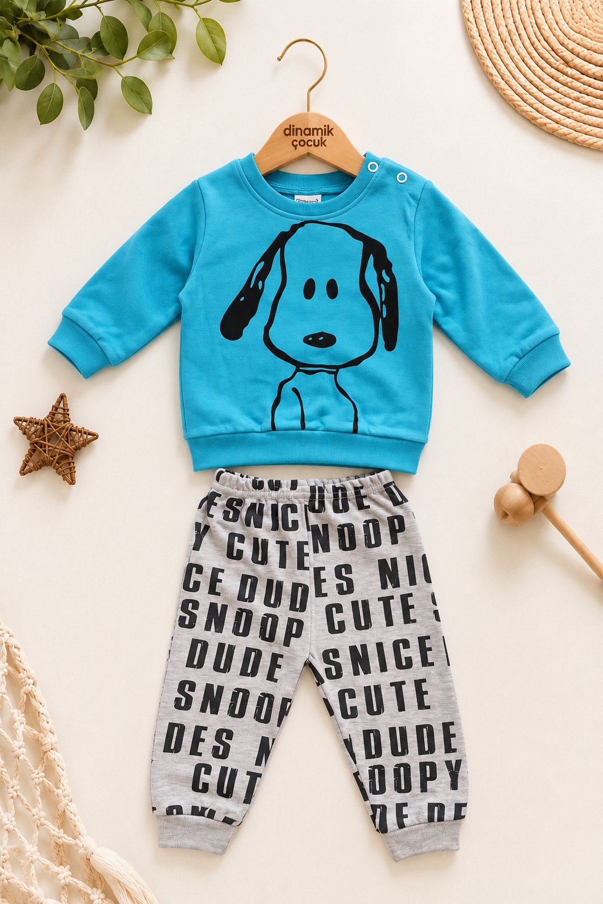 Erkek Bebek Ön-Arka Köpek Baskılı Sweatshirt Yazılı Eşofman Altı 2'li Takım 3-6-9-12ay
