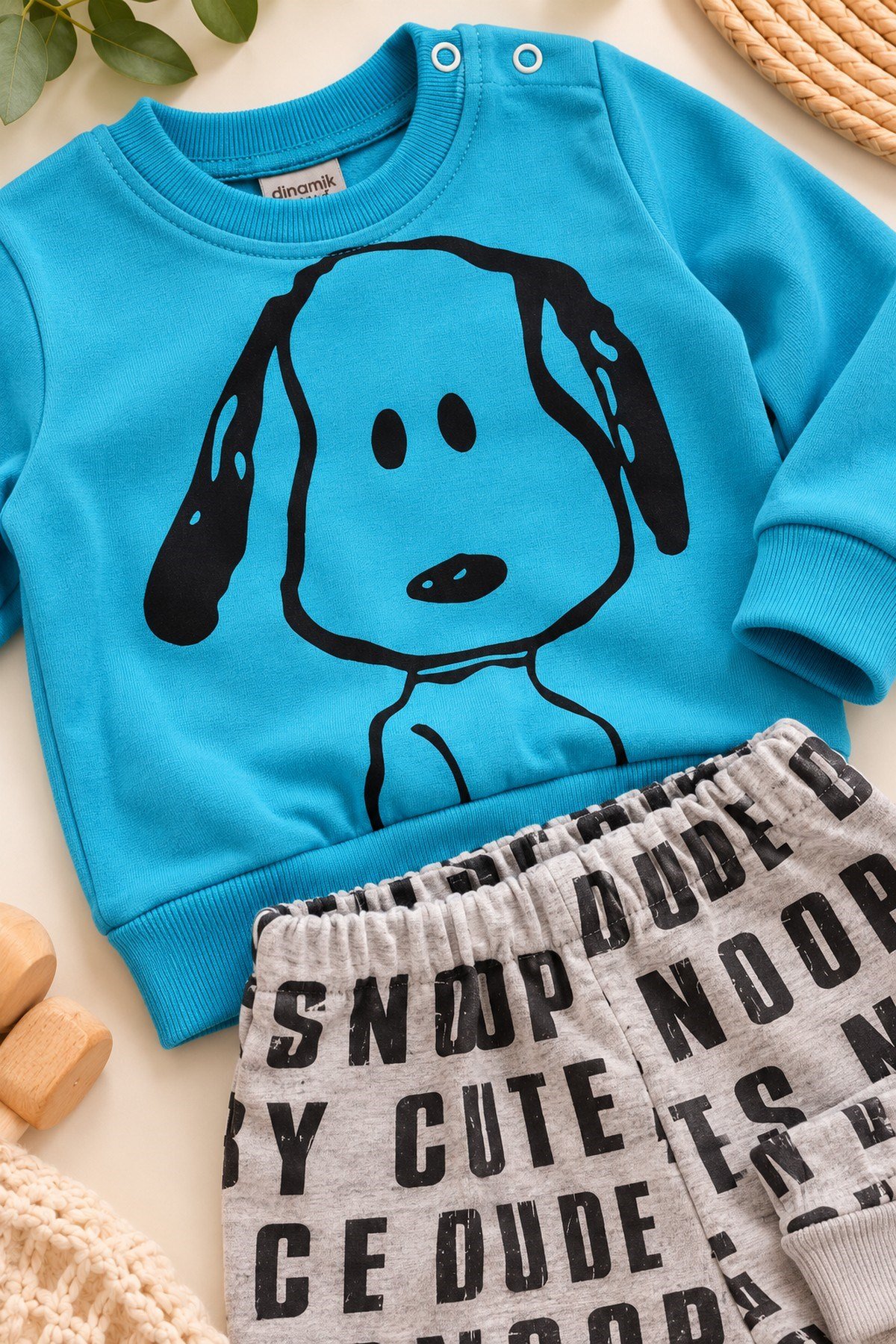 Erkek Bebek Ön-Arka Köpek Baskılı Sweatshirt Yazılı Eşofman Altı 2'li Takım 3-6-9-12ay