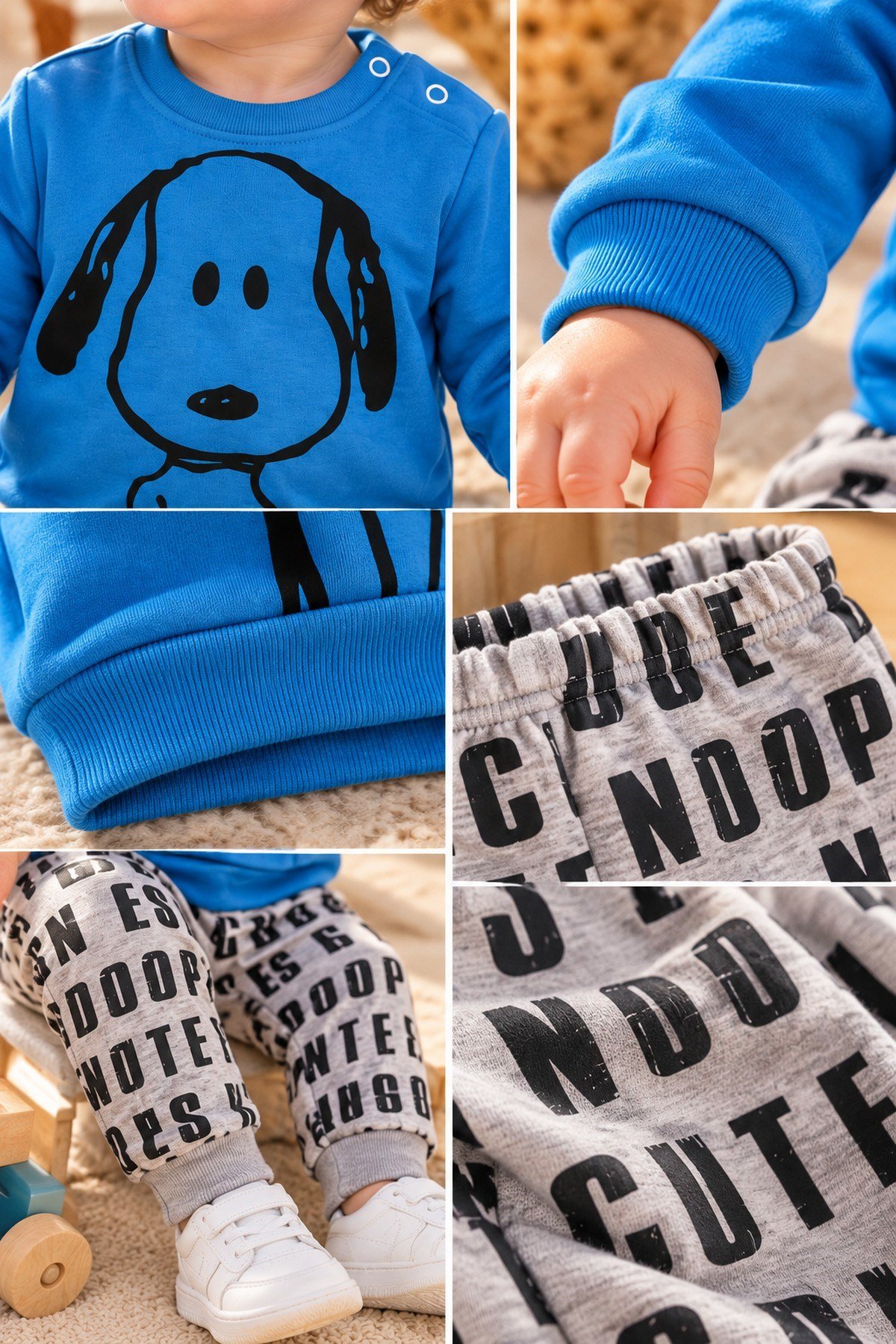 Erkek Bebek Ön-Arka Köpek Baskılı Sweatshirt Yazılı Eşofman Altı 2'li Takım 3-6-9-12ay