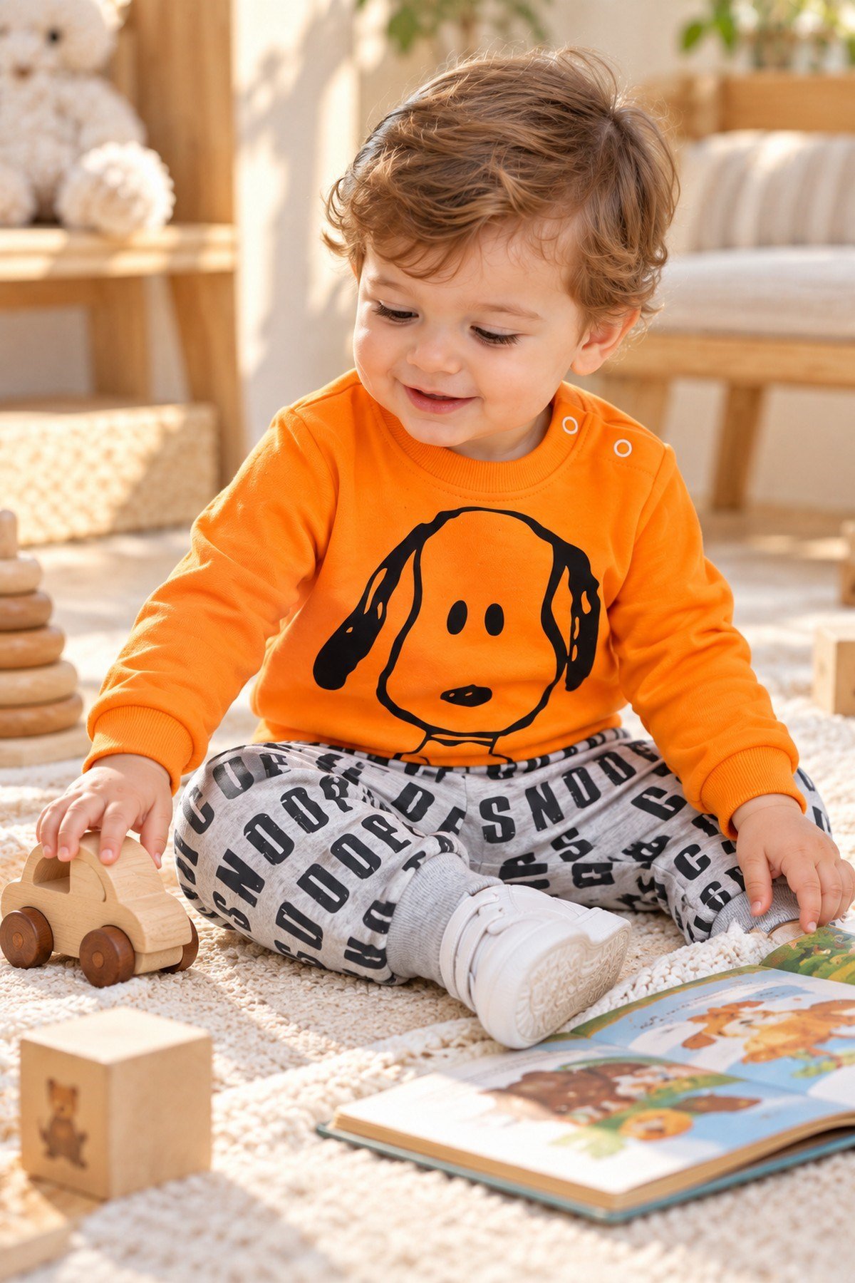 Erkek Bebek Ön-Arka Köpek Baskılı Sweatshirt Yazılı Eşofman Altı 2'li Takım 3-6-9-12ay