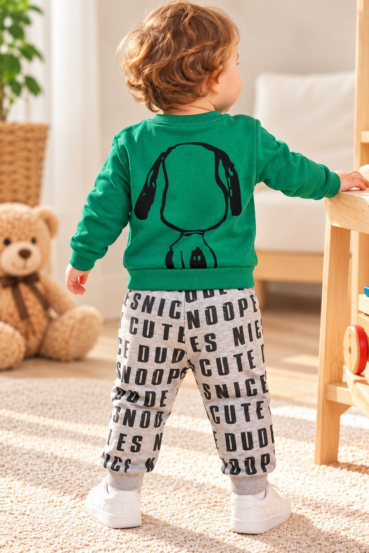Erkek Bebek Ön-Arka Köpek Baskılı Sweatshirt Yazılı Eşofman Altı 2'li Takım 3-6-9-12ay