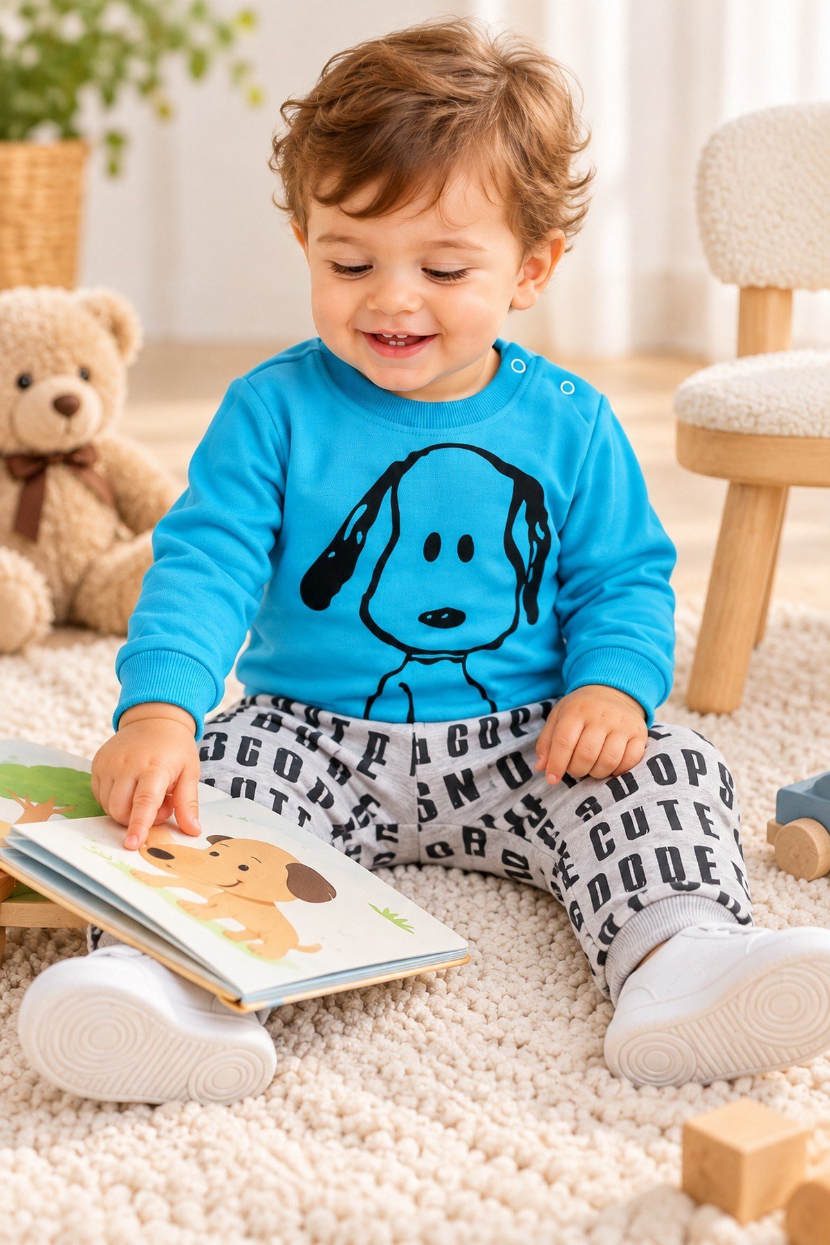 Erkek Bebek Ön-Arka Köpek Baskılı Sweatshirt Yazılı Eşofman Altı 2'li Takım 3-6-9-12ay