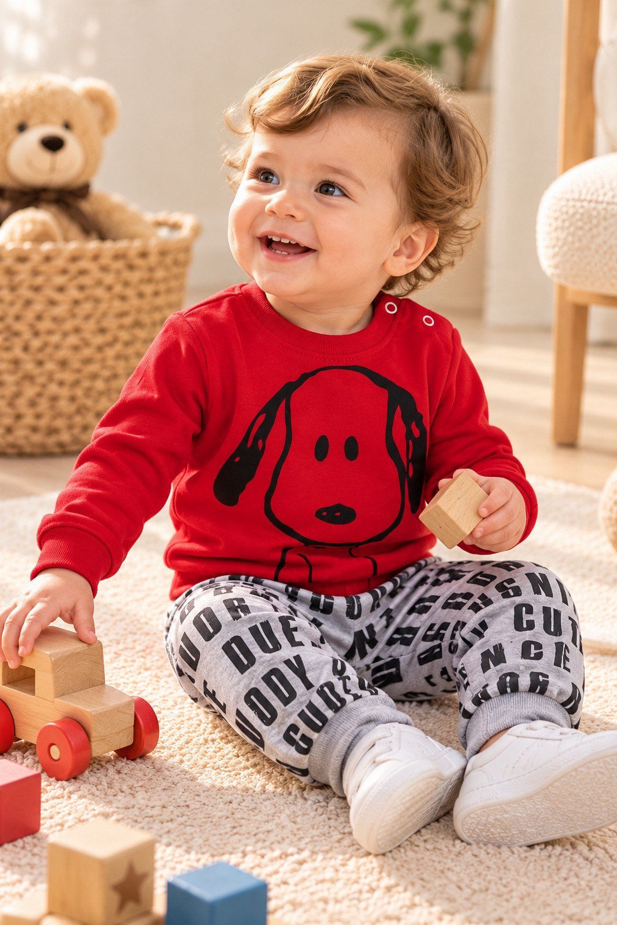 Erkek Bebek Ön-Arka Köpek Baskılı Sweatshirt Yazılı Eşofman Altı 2'li Takım 3-6-9-12ay
