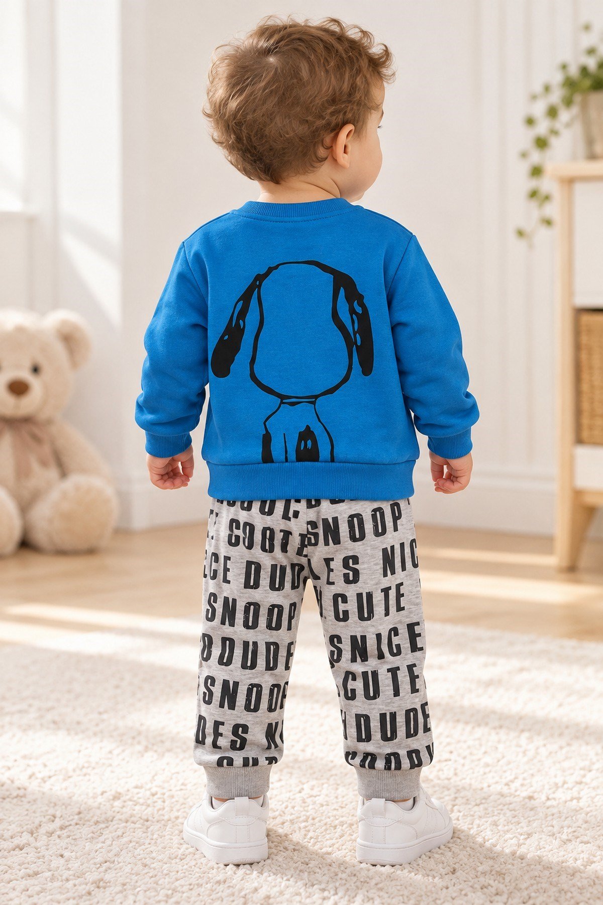 Erkek Bebek Ön-Arka Köpek Baskılı Sweatshirt Yazılı Eşofman Altı 2'li Takım 3-6-9-12ay