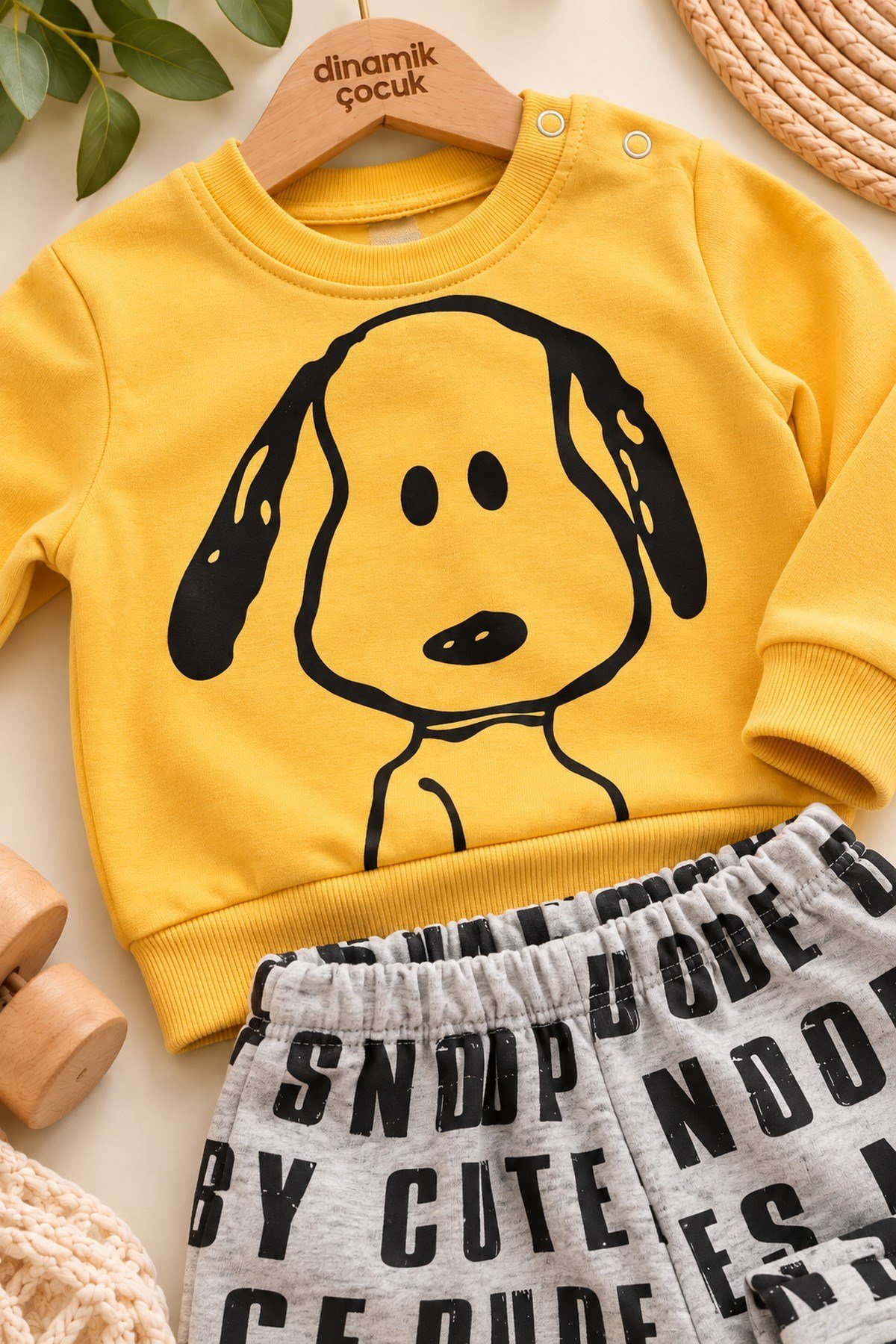 Erkek Bebek Ön-Arka Köpek Baskılı Sweatshirt Yazılı Eşofman Altı 2'li Takım 3-6-9-12ay