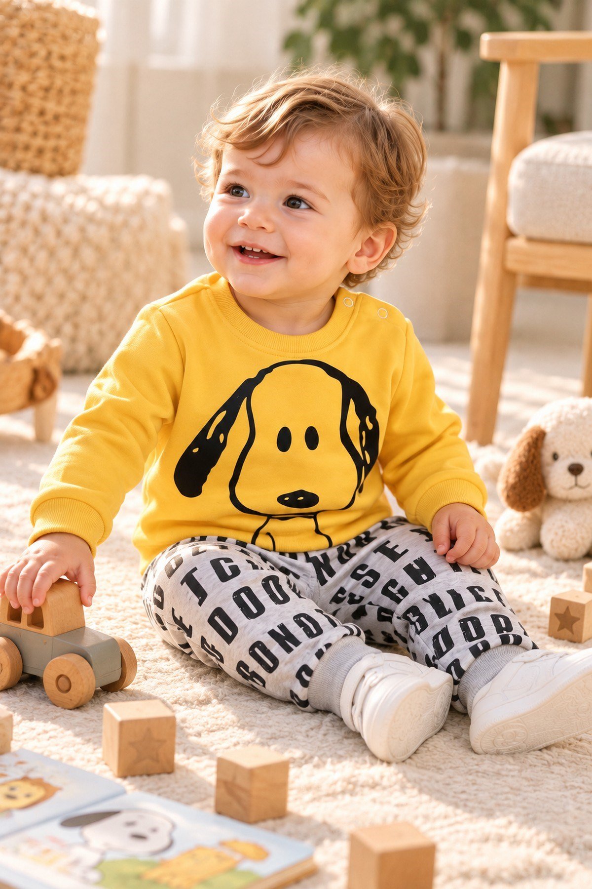 Erkek Bebek Ön-Arka Köpek Baskılı Sweatshirt Yazılı Eşofman Altı 2'li Takım 3-6-9-12ay
