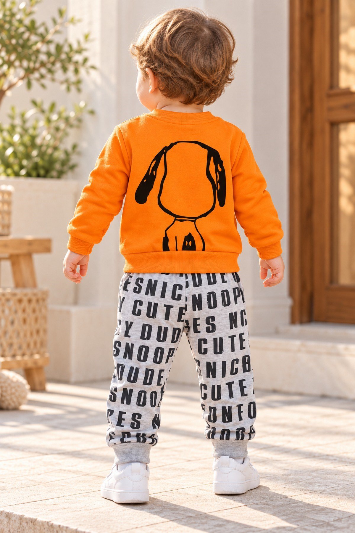 Erkek Bebek Ön-Arka Köpek Baskılı Sweatshirt Yazılı Eşofman Altı 2'li Takım 3-6-9-12ay