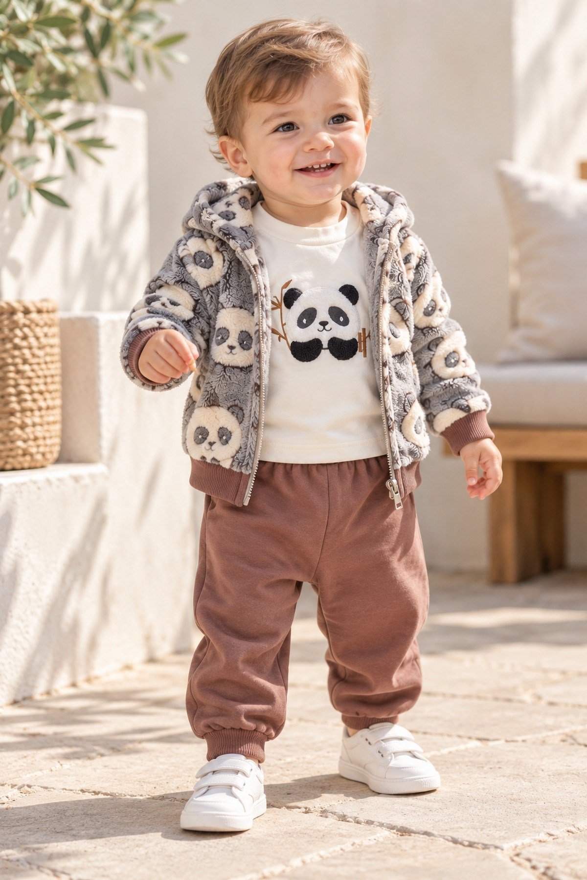 Erkek Bebek Panda Desenli Peluş Kapüşonlu Hırka Sweatshirt Eşofman Altı 3'lü Takım 3-18aylık