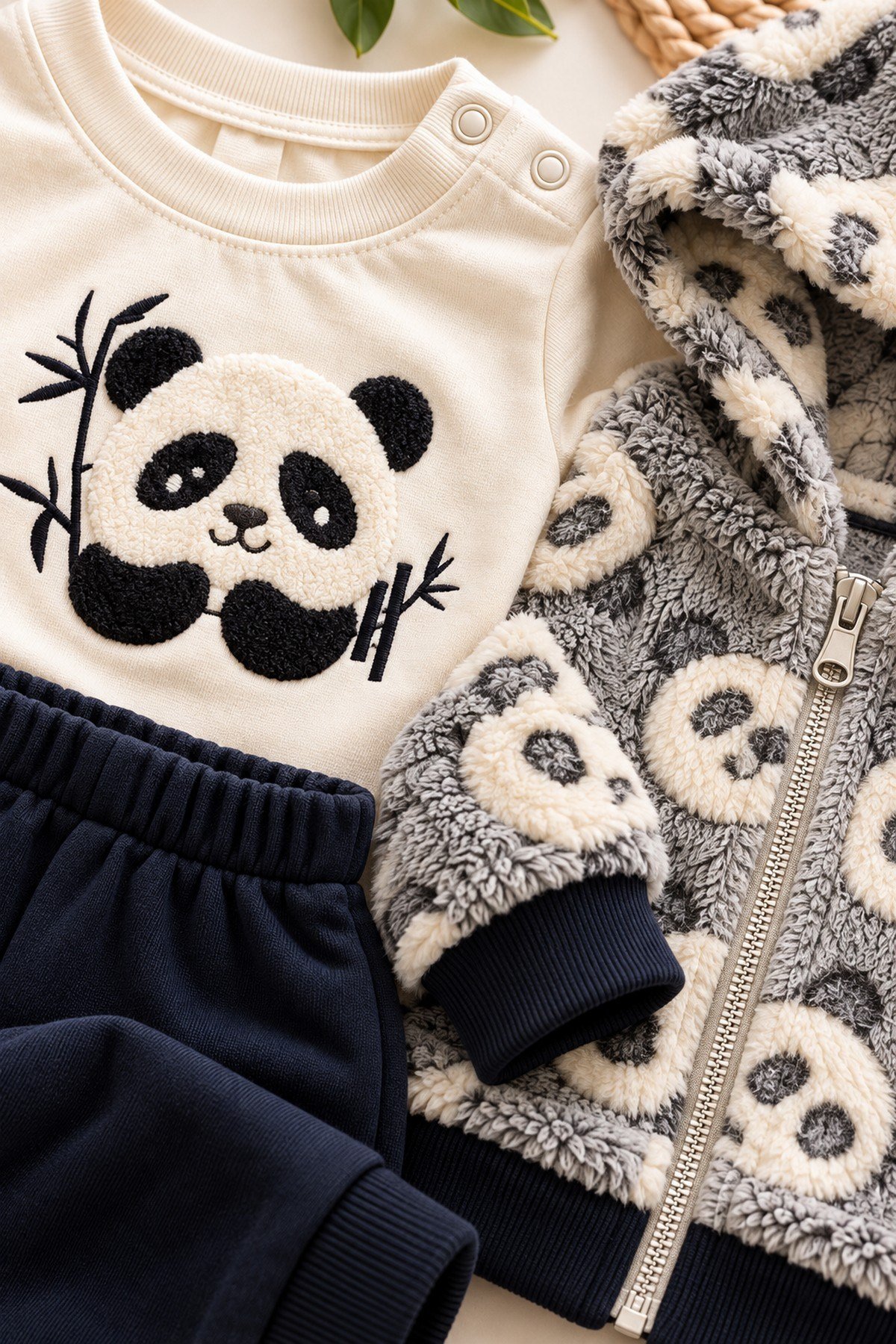 Erkek Bebek Panda Desenli Peluş Kapüşonlu Hırka Sweatshirt Eşofman Altı 3'lü Takım 3-18aylık