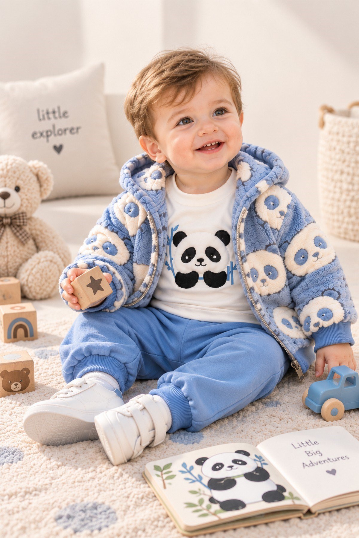 Erkek Bebek Panda Desenli Peluş Kapüşonlu Hırka Sweatshirt Eşofman Altı 3'lü Takım 3-18aylık
