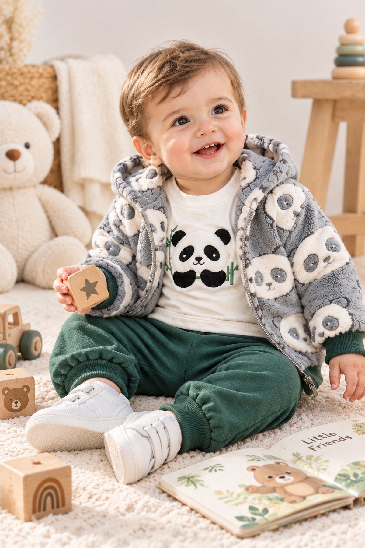 Erkek Bebek Panda Desenli Peluş Kapüşonlu Hırka Sweatshirt Eşofman Altı 3'lü Takım 3-18aylık