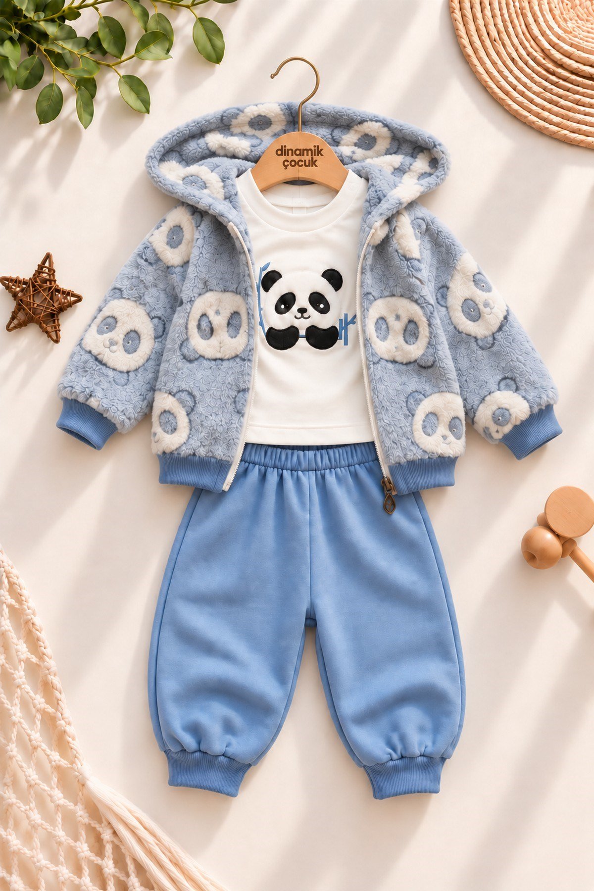 Erkek Bebek Panda Desenli Peluş Kapüşonlu Hırka Sweatshirt Eşofman Altı 3'lü Takım 3-18aylık