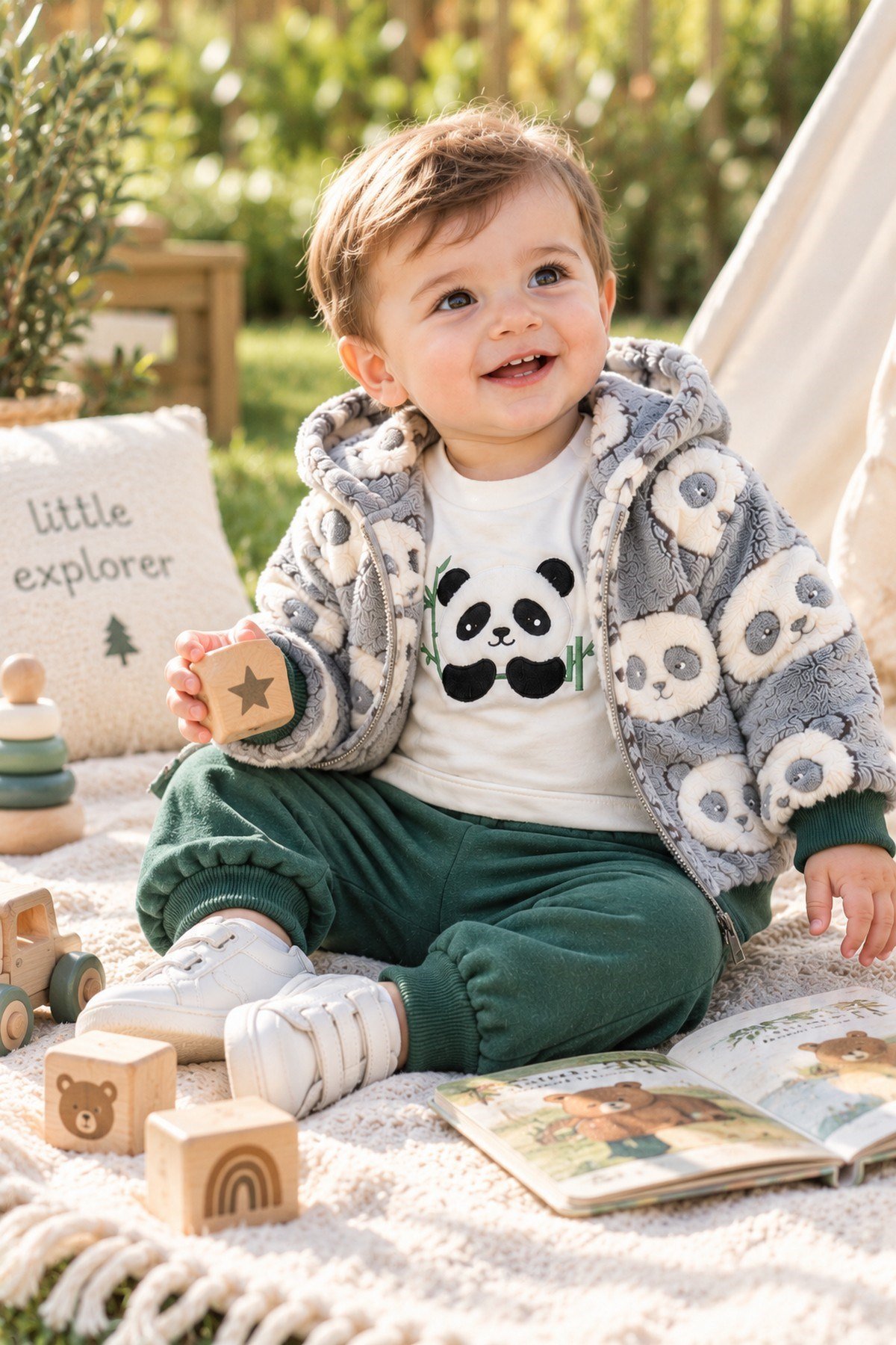Erkek Bebek Panda Desenli Peluş Kapüşonlu Hırka Sweatshirt Eşofman Altı 3'lü Takım 3-18aylık