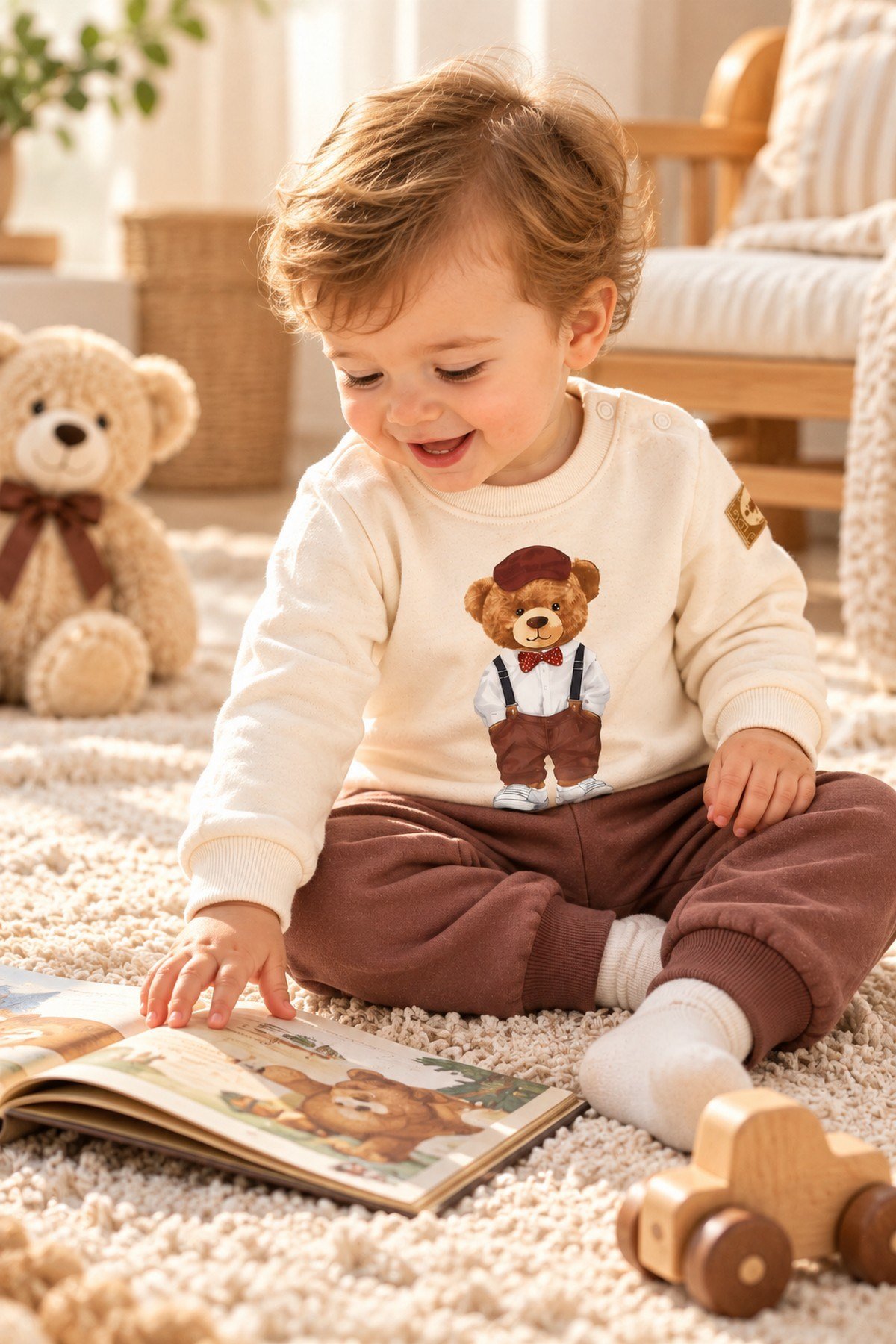 Erkek Bebek Papyonlu Tarz Ayıcık Baskılı Omuzdan Çıtçıtlı Sweatshirt Eşofman 2'li Alt Üst Takım 3-6-9-12ay