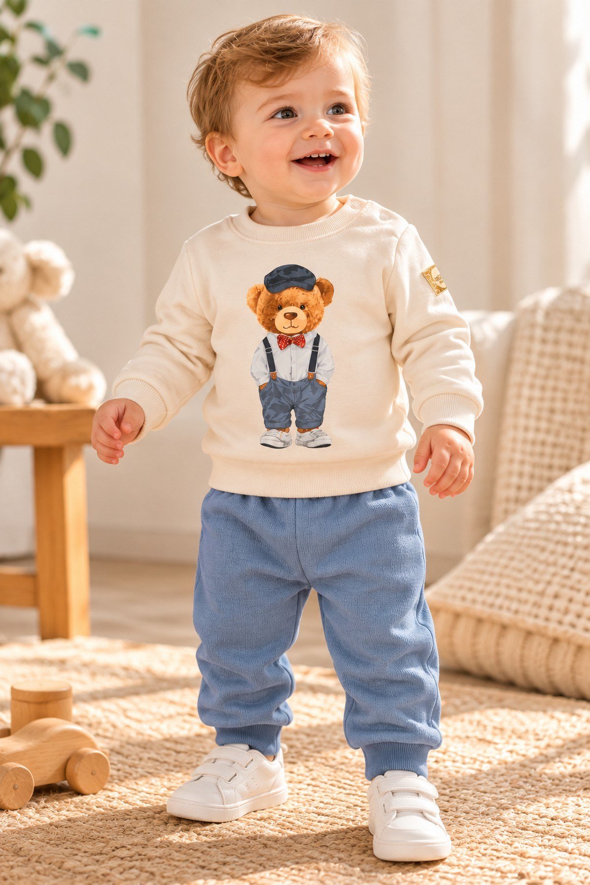 Erkek Bebek Papyonlu Tarz Ayıcık Baskılı Omuzdan Çıtçıtlı Sweatshirt Eşofman 2'li Alt Üst Takım 3-6-9-12ay