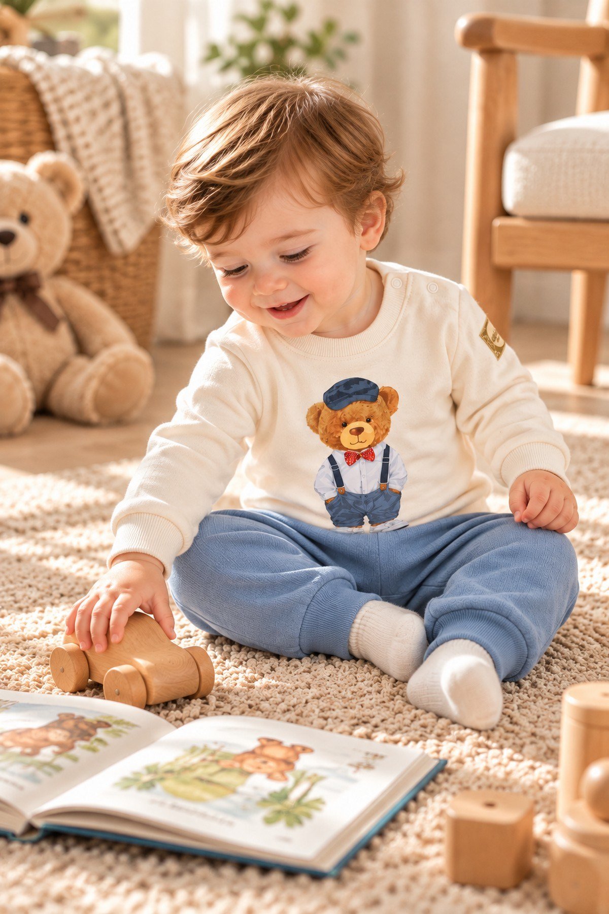 Erkek Bebek Papyonlu Tarz Ayıcık Baskılı Omuzdan Çıtçıtlı Sweatshirt Eşofman 2'li Alt Üst Takım 3-6-9-12ay