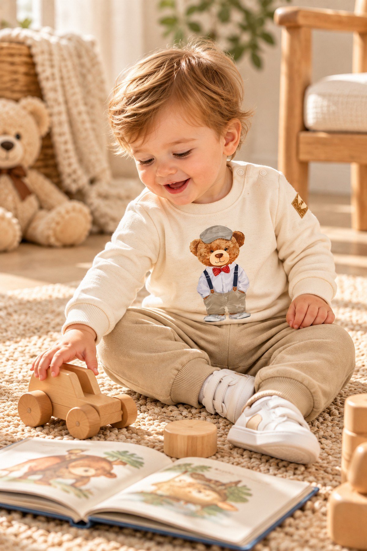 Erkek Bebek Papyonlu Tarz Ayıcık Baskılı Omuzdan Çıtçıtlı Sweatshirt Eşofman 2'li Alt Üst Takım 3-6-9-12ay