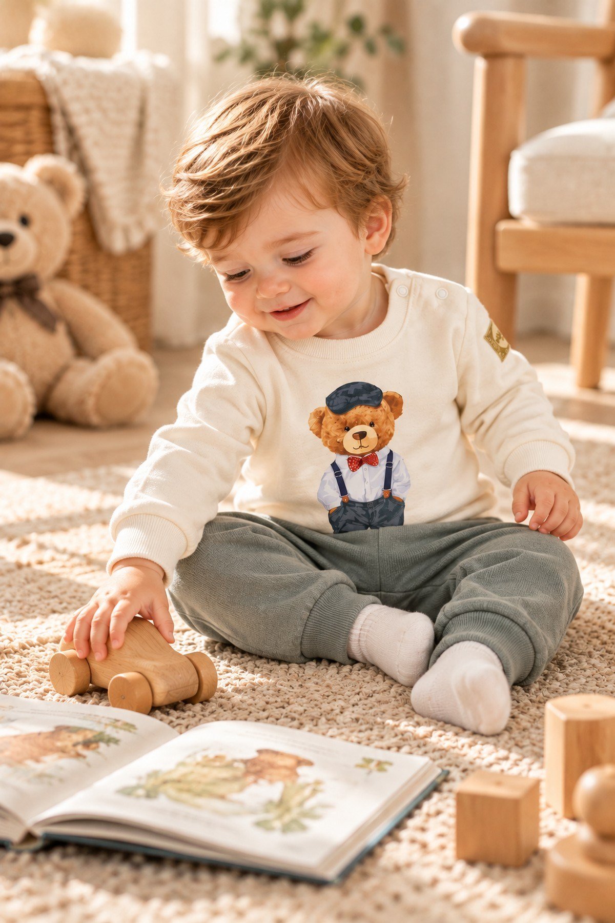 Erkek Bebek Papyonlu Tarz Ayıcık Baskılı Omuzdan Çıtçıtlı Sweatshirt Eşofman 2'li Alt Üst Takım 3-6-9-12ay