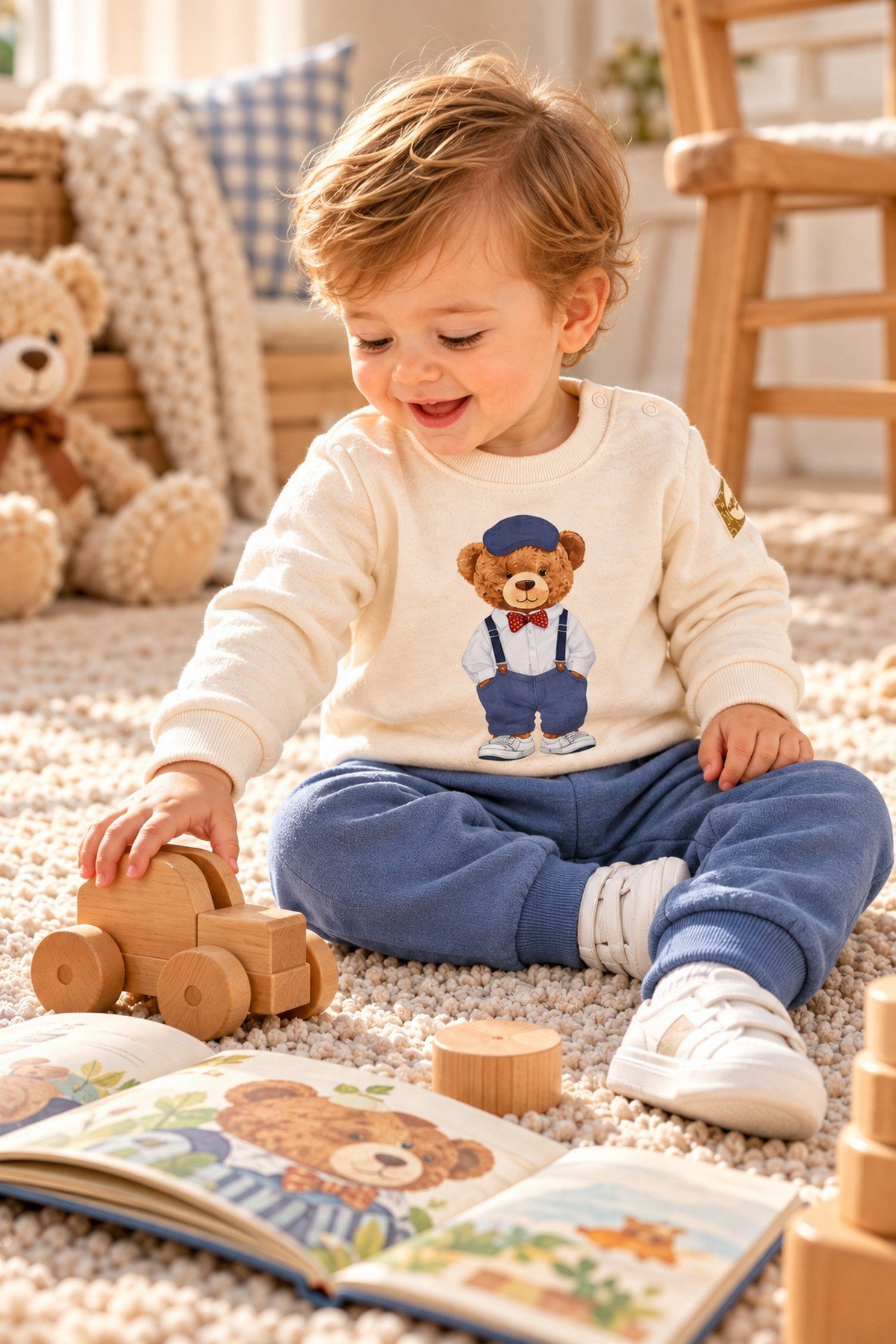 Erkek Bebek Papyonlu Tarz Ayıcık Baskılı Omuzdan Çıtçıtlı Sweatshirt Eşofman 2'li Alt Üst Takım 3-6-9-12ay