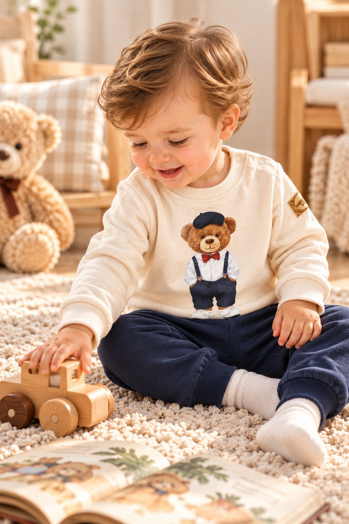Erkek Bebek Papyonlu Tarz Ayıcık Baskılı Omuzdan Çıtçıtlı Sweatshirt Eşofman 2'li Alt Üst Takım 3-6-9-12ay