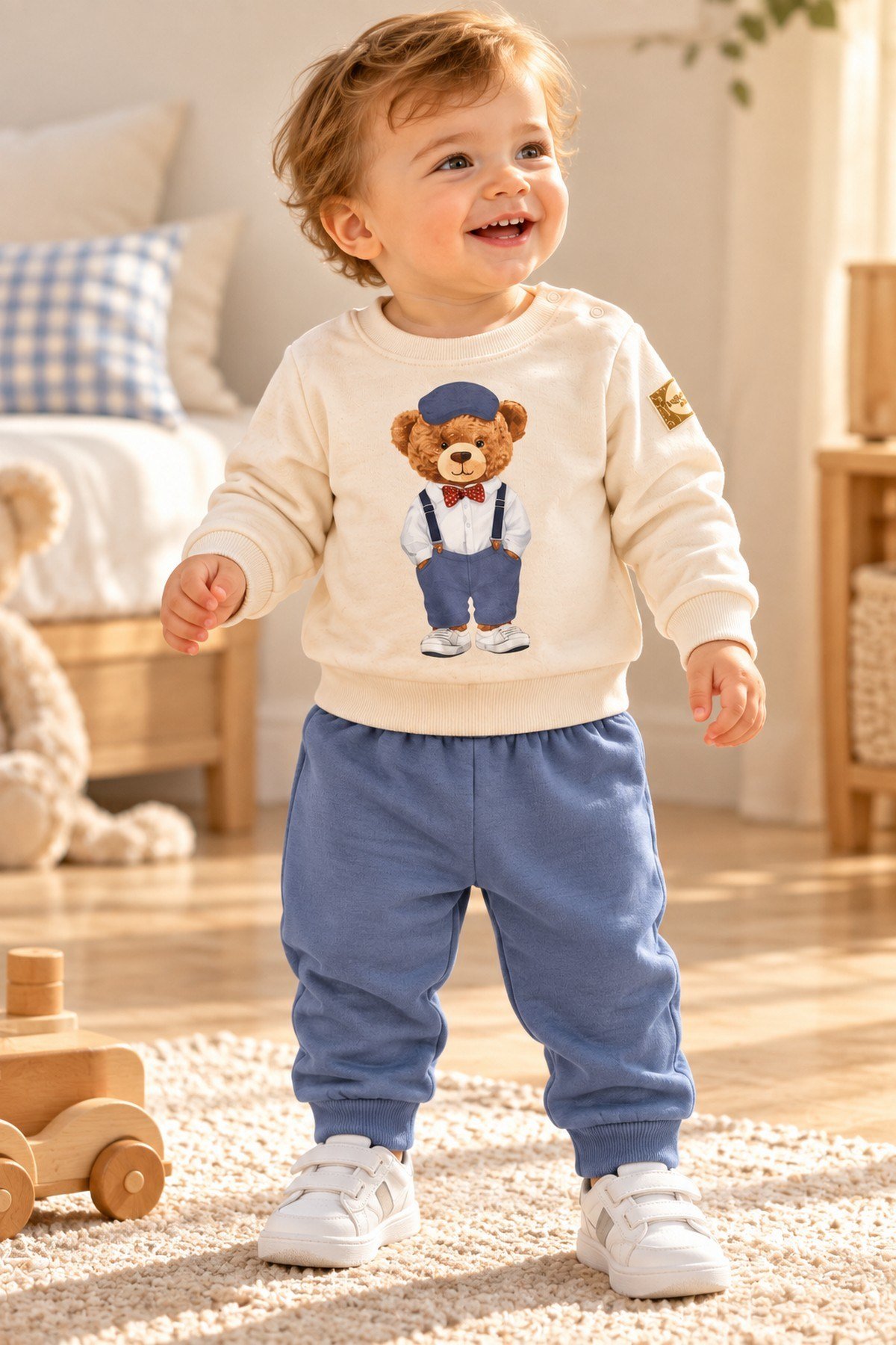 Erkek Bebek Papyonlu Tarz Ayıcık Baskılı Omuzdan Çıtçıtlı Sweatshirt Eşofman 2'li Alt Üst Takım 3-6-9-12ay