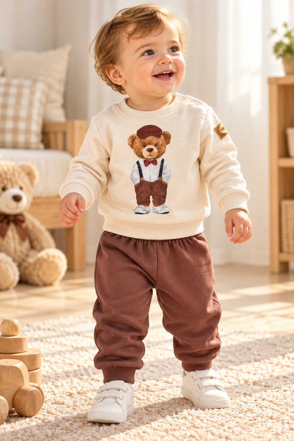 Erkek Bebek Papyonlu Tarz Ayıcık Baskılı Omuzdan Çıtçıtlı Sweatshirt Eşofman 2'li Alt Üst Takım 3-6-9-12ay