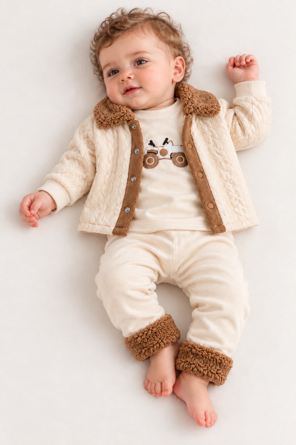 Erkek Bebek Peluş Yakalı Ceket Araba Nakışlı Alt Üst 3'lü Takım 3-6-9-12ay