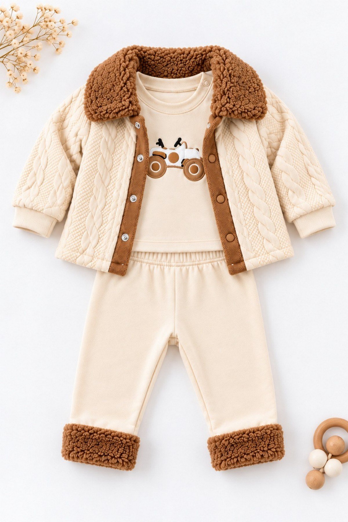 Erkek Bebek Peluş Yakalı Ceket Araba Nakışlı Alt Üst 3'lü Takım 3-6-9-12ay