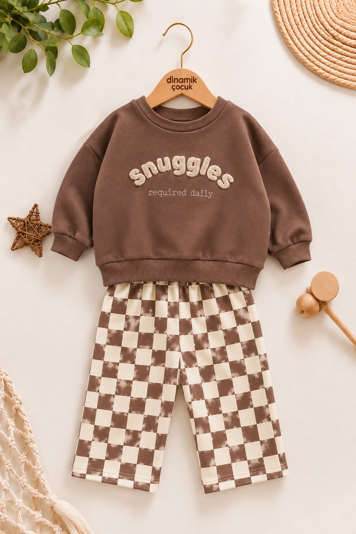 Erkek Bebek Snuggles Nakışlı Sweatshirt Damalı Pantolon 2'li Alt Üst Takım 9-24 Aylık 