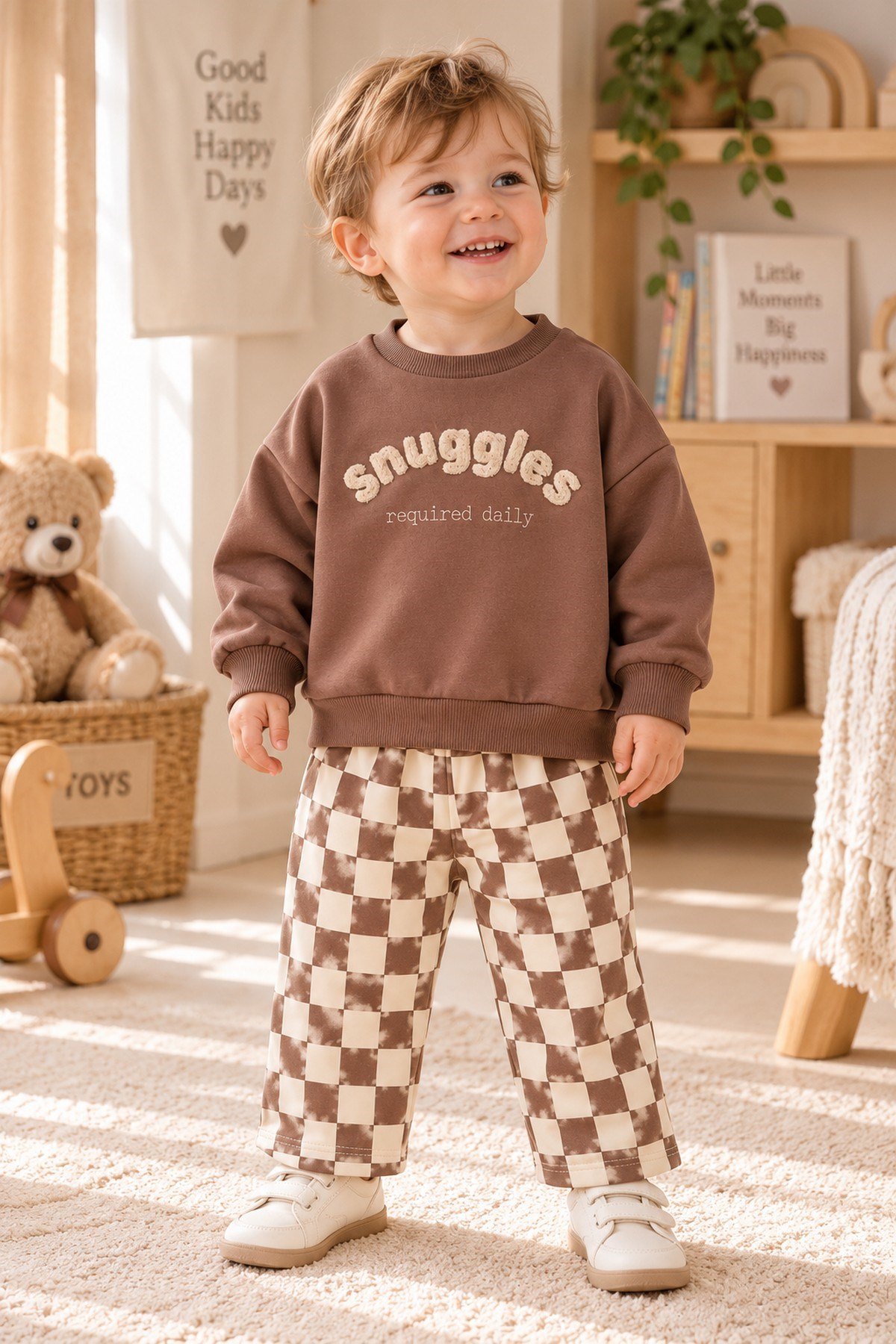 Erkek Bebek Snuggles Nakışlı Sweatshirt Damalı Pantolon 2'li Alt Üst Takım 9-24 Aylık 