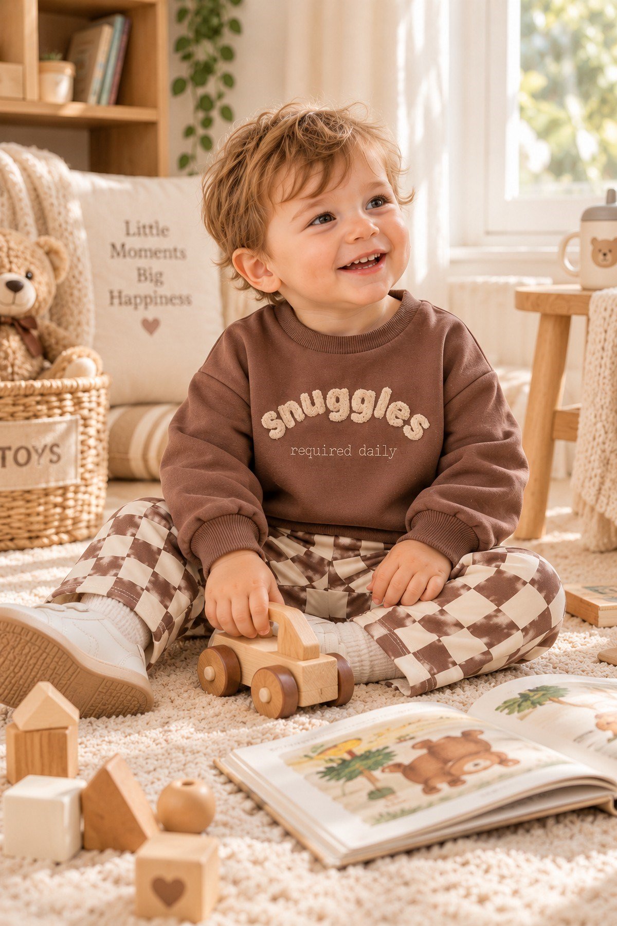 Erkek Bebek Snuggles Nakışlı Sweatshirt Damalı Pantolon 2'li Alt Üst Takım 9-24 Aylık 
