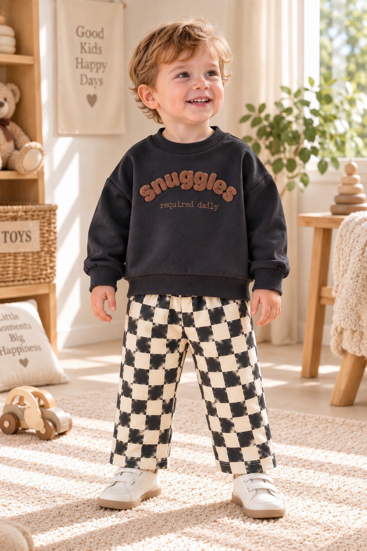 Erkek Bebek Snuggles Nakışlı Sweatshirt Damalı Pantolon 2'li Alt Üst Takım 9-24 Aylık 