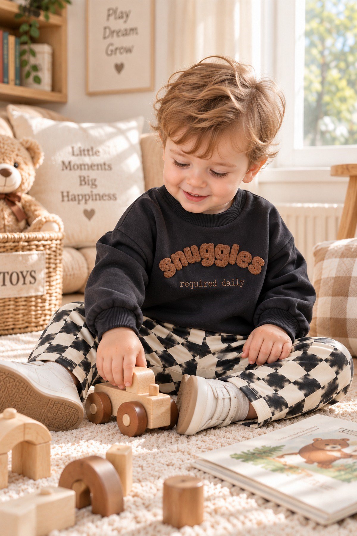 Erkek Bebek Snuggles Nakışlı Sweatshirt Damalı Pantolon 2'li Alt Üst Takım 9-24 Aylık 