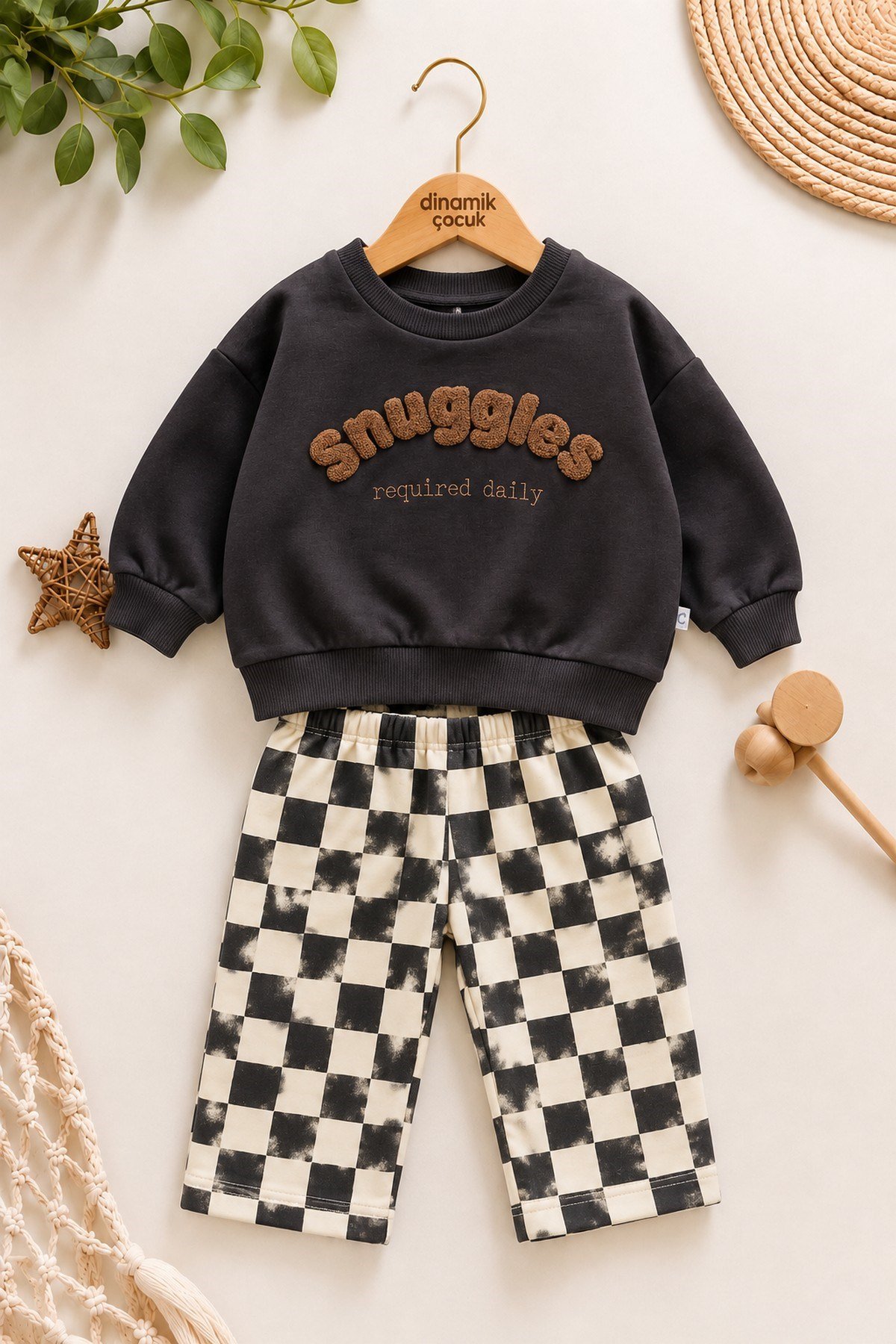 Erkek Bebek Snuggles Nakışlı Sweatshirt Damalı Pantolon 2'li Alt Üst Takım 9-24 Aylık 