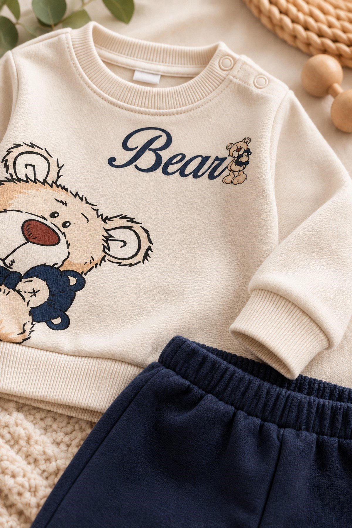 Erkek Bebek Teddy Bear Oyuncak Ayı Ön-Arka Baskılı 2'li Eşofman Takımı – Mevsimlik 2iplik Alt Üst Takım 3-6-9-12aylık