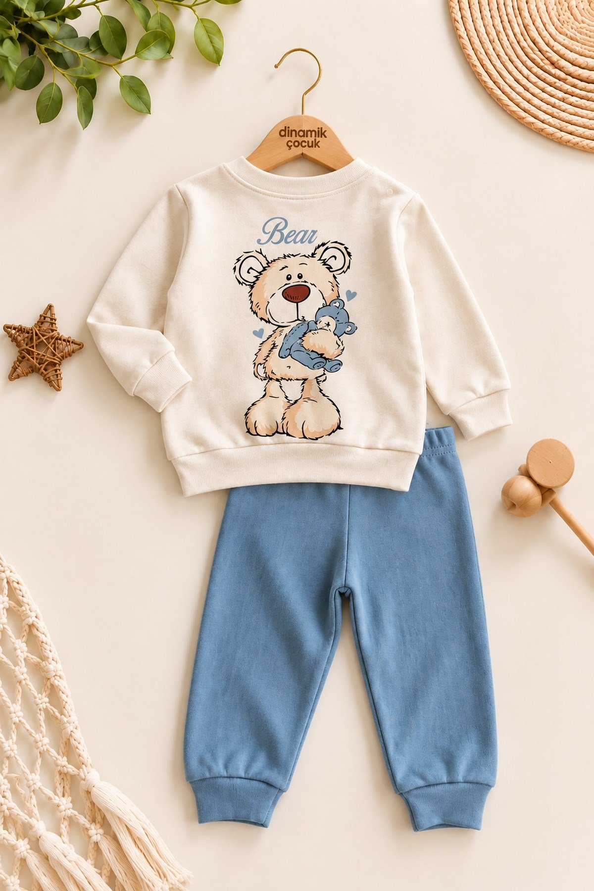 Erkek Bebek Teddy Bear Oyuncak Ayı Ön-Arka Baskılı 2'li Eşofman Takımı – Mevsimlik 2iplik Alt Üst Takım 3-6-9-12aylık