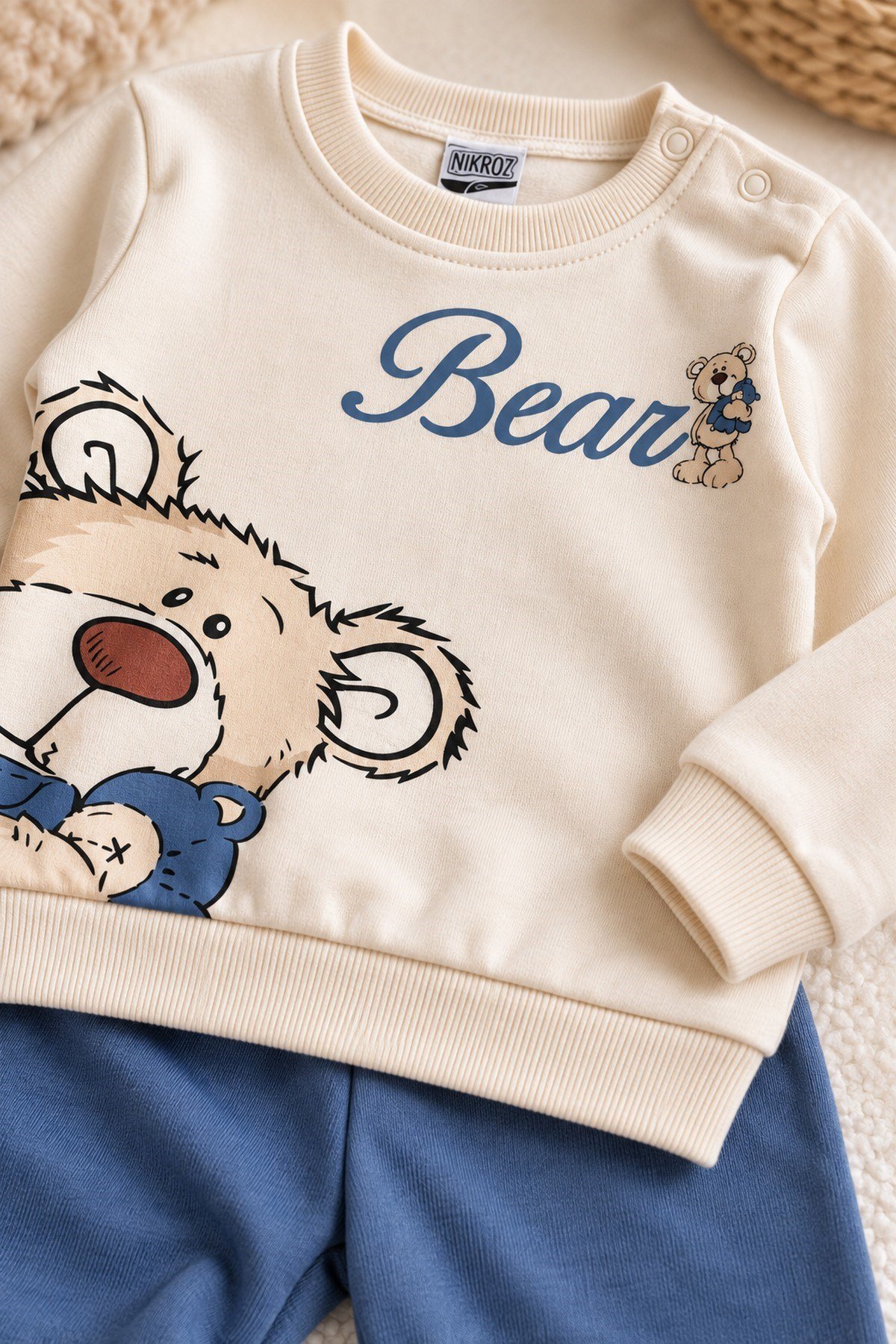 Erkek Bebek Teddy Bear Oyuncak Ayı Ön-Arka Baskılı 2'li Eşofman Takımı – Mevsimlik 2iplik Alt Üst Takım 3-6-9-12aylık
