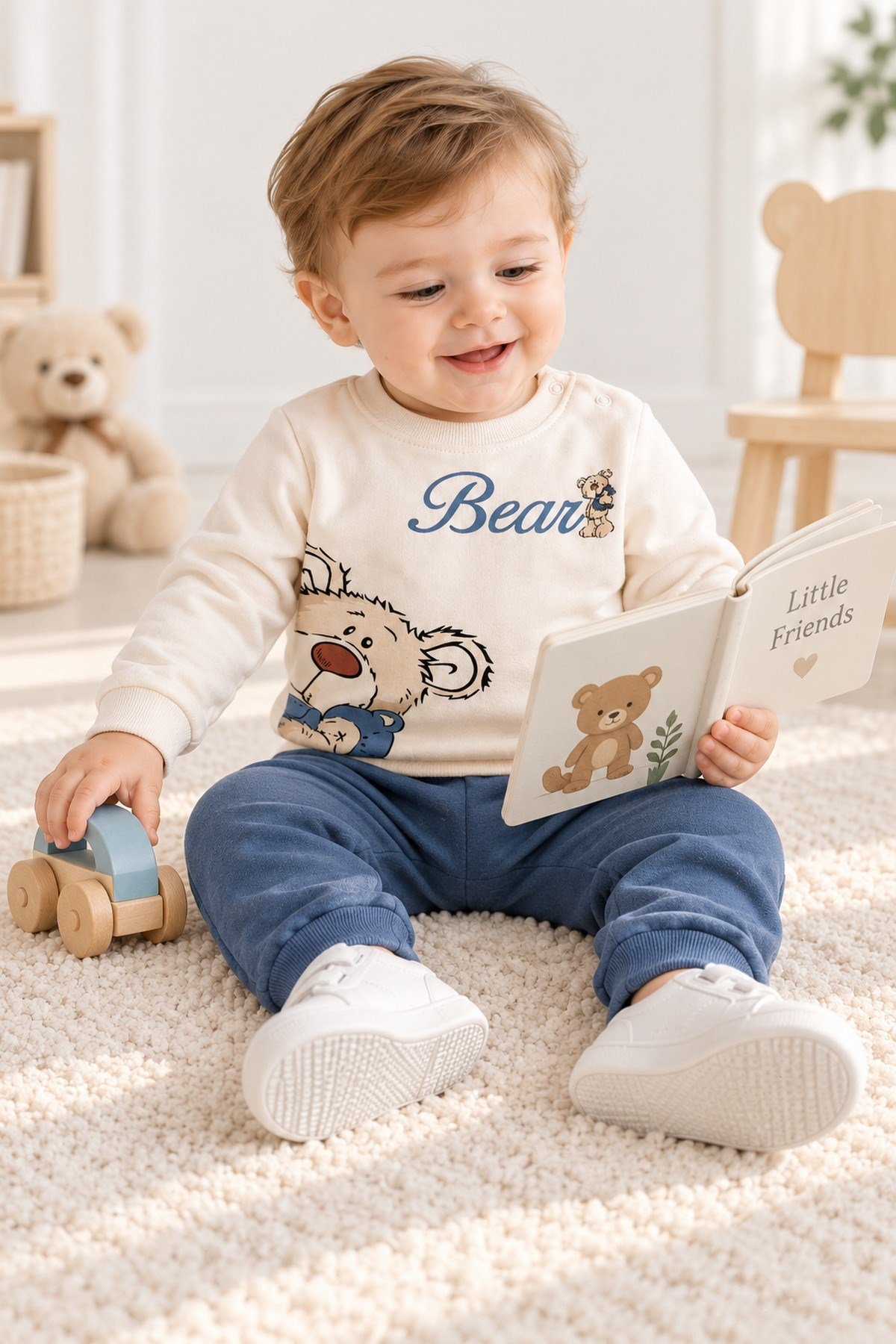 Erkek Bebek Teddy Bear Oyuncak Ayı Ön-Arka Baskılı 2'li Eşofman Takımı – Mevsimlik 2iplik Alt Üst Takım 3-6-9-12aylık