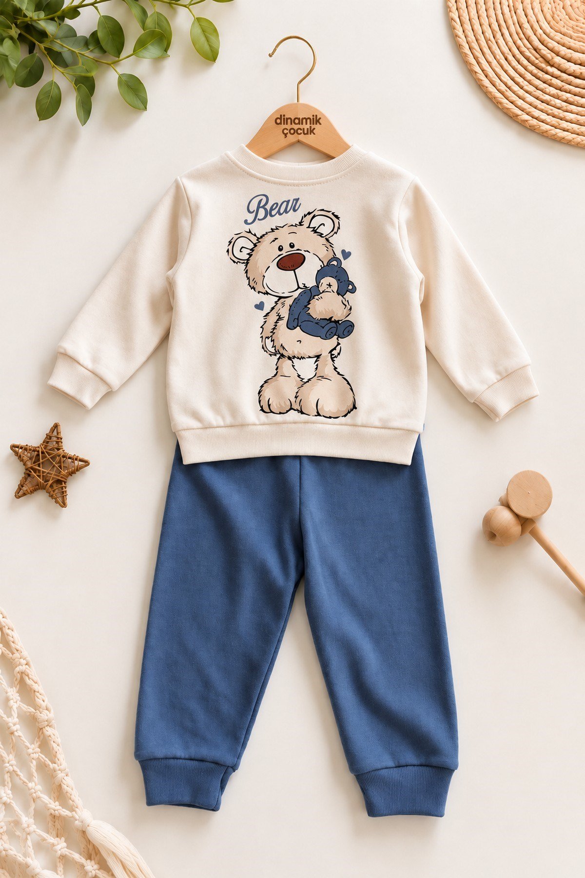 Erkek Bebek Teddy Bear Oyuncak Ayı Ön-Arka Baskılı 2'li Eşofman Takımı – Mevsimlik 2iplik Alt Üst Takım 3-6-9-12aylık