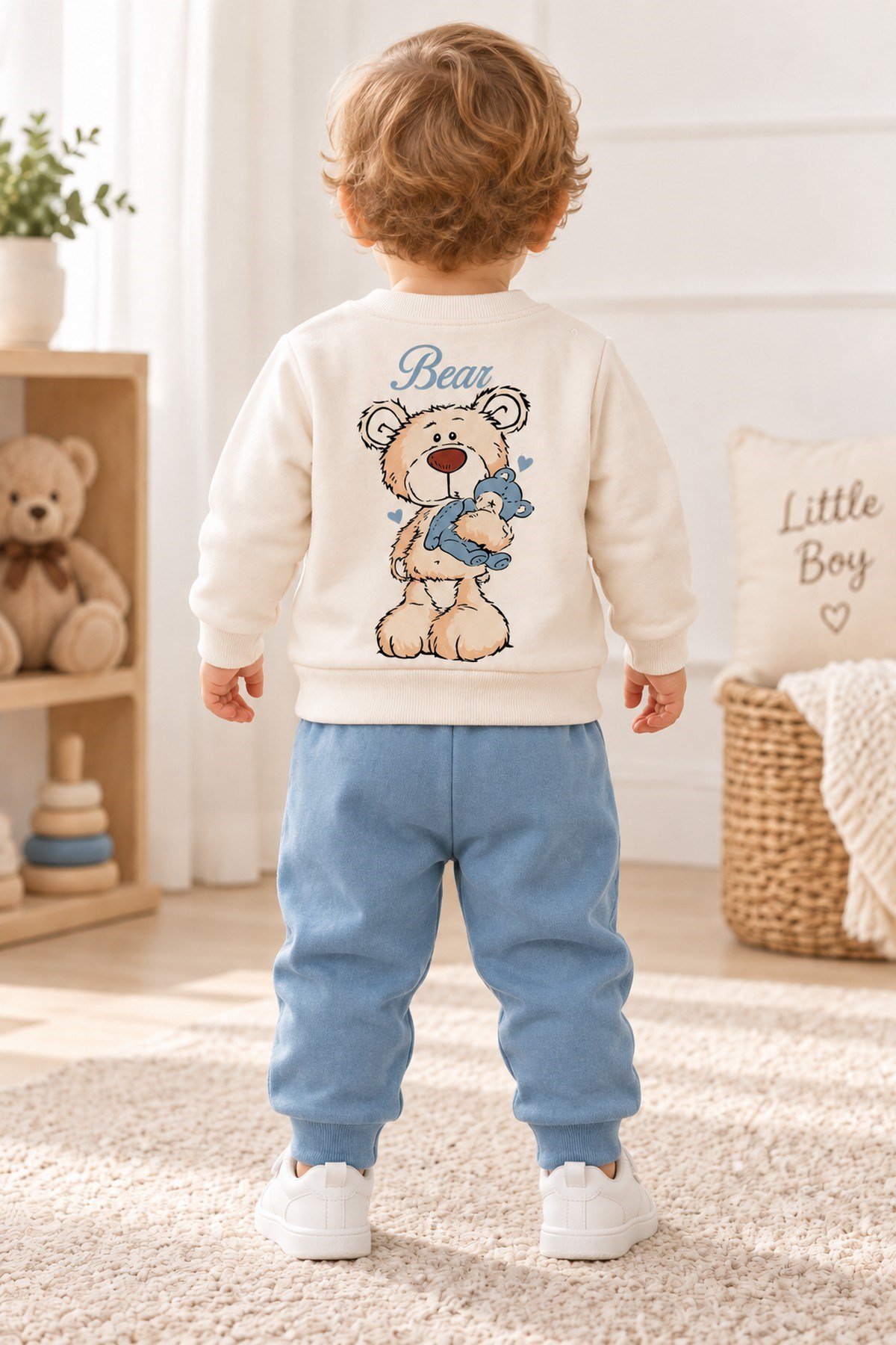 Erkek Bebek Teddy Bear Oyuncak Ayı Ön-Arka Baskılı 2'li Eşofman Takımı – Mevsimlik 2iplik Alt Üst Takım 3-6-9-12aylık